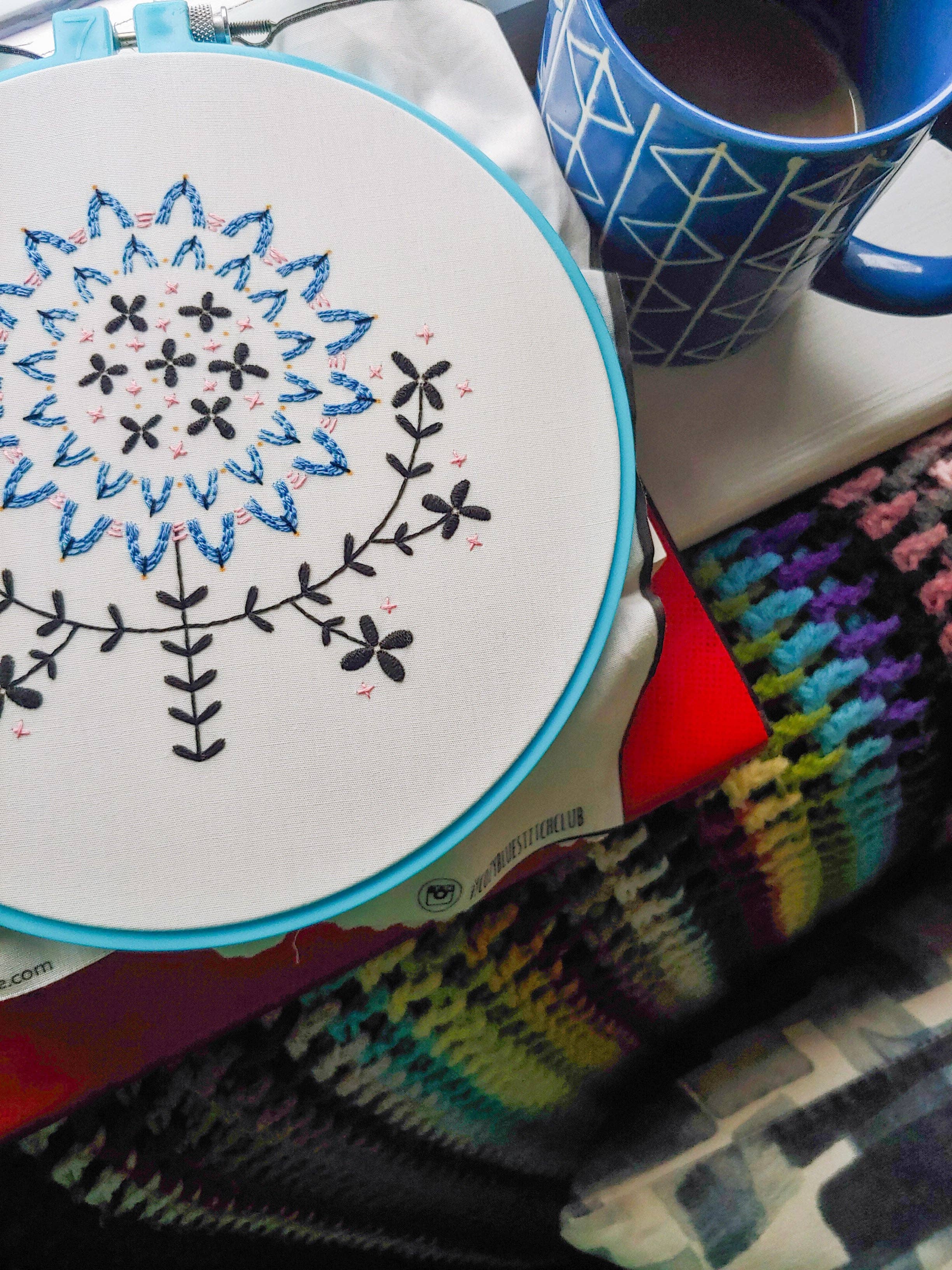 Cozy Blue Folk flower embroidery kit