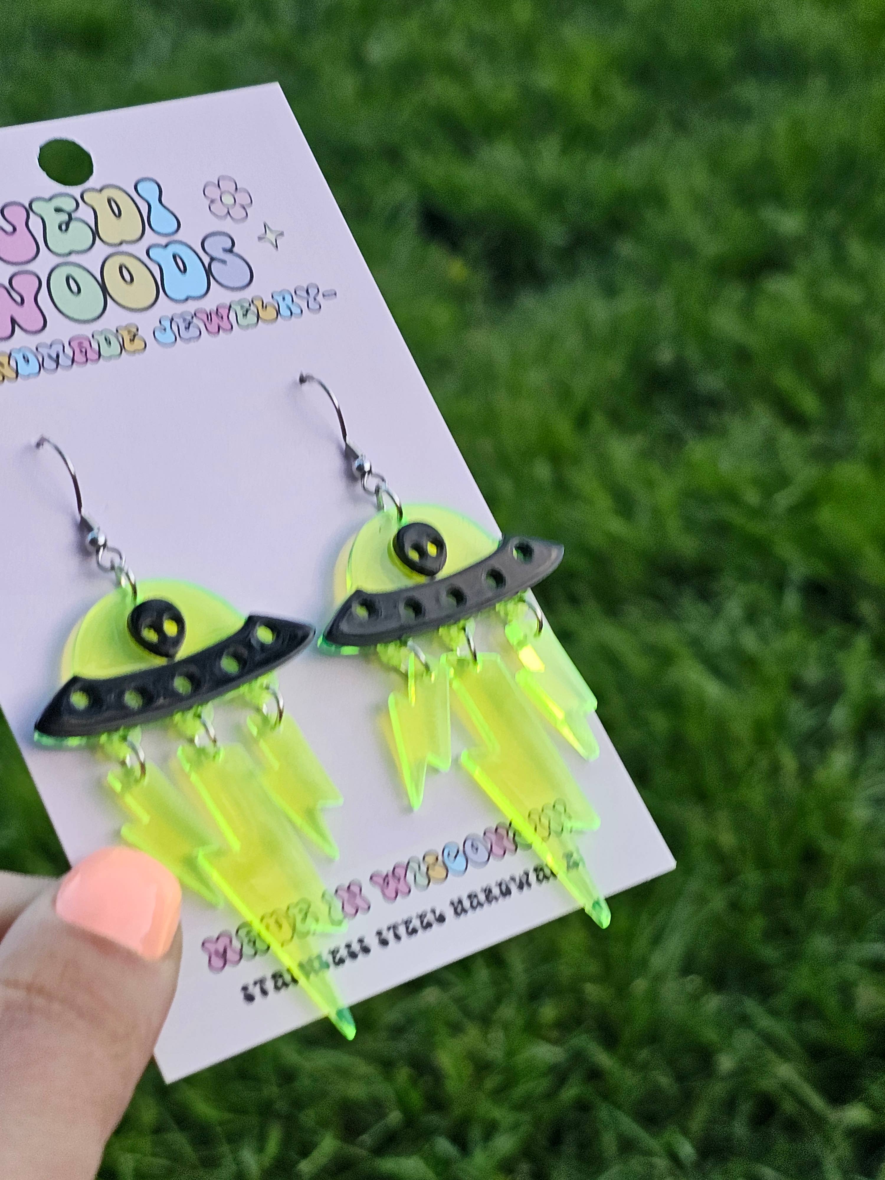 Green and Black Alien Invasion Spaceship Earrings