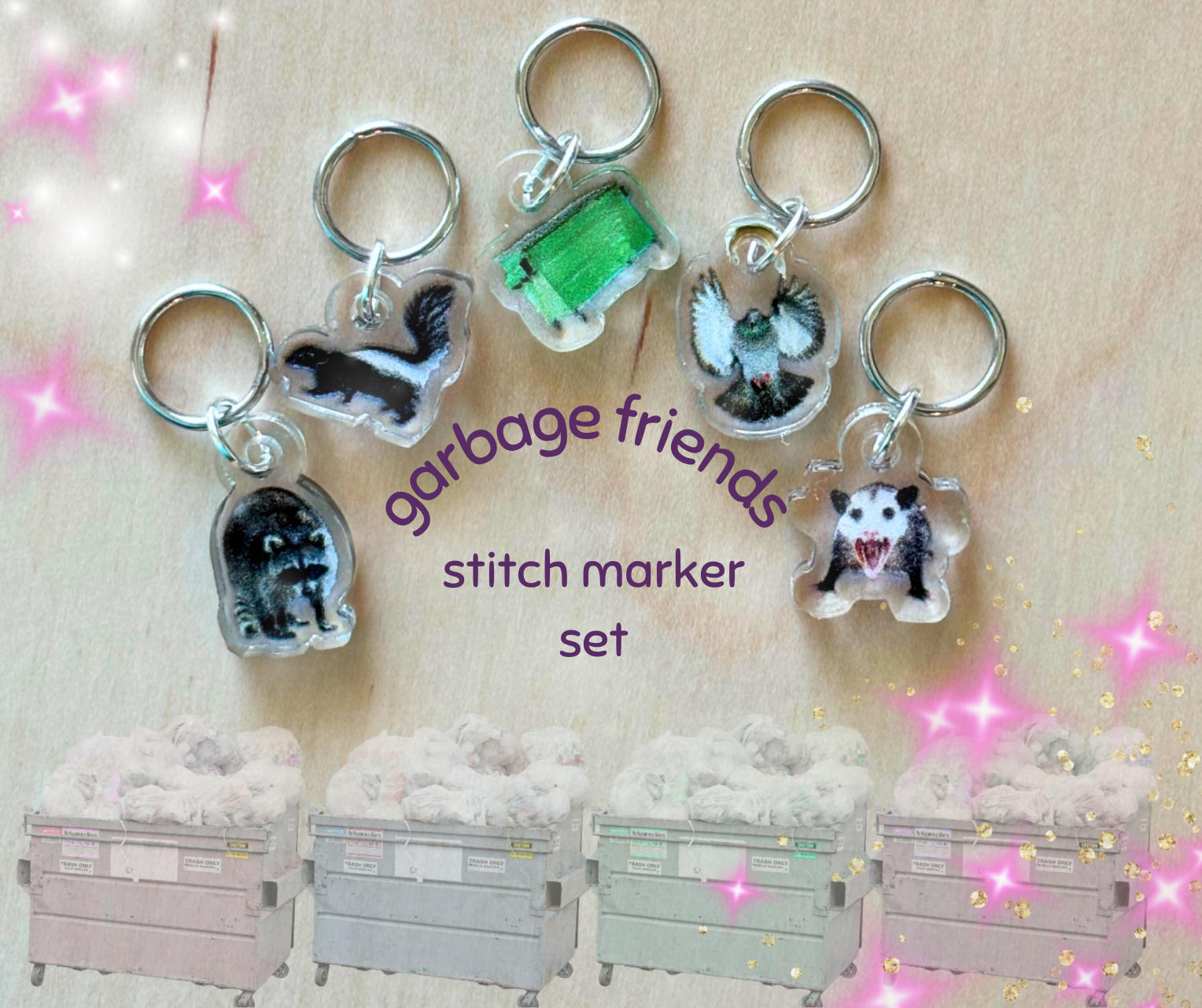 Knitting Stitch Markers - Garbage Friends Dumpster Animals