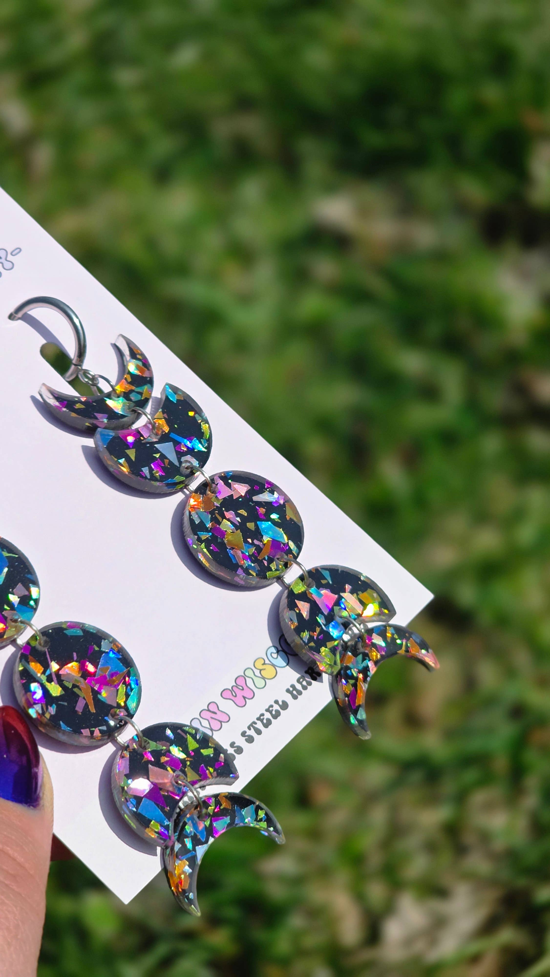 Black Rainbow Crackle Moon Phase Earrings - Gauge Friendly