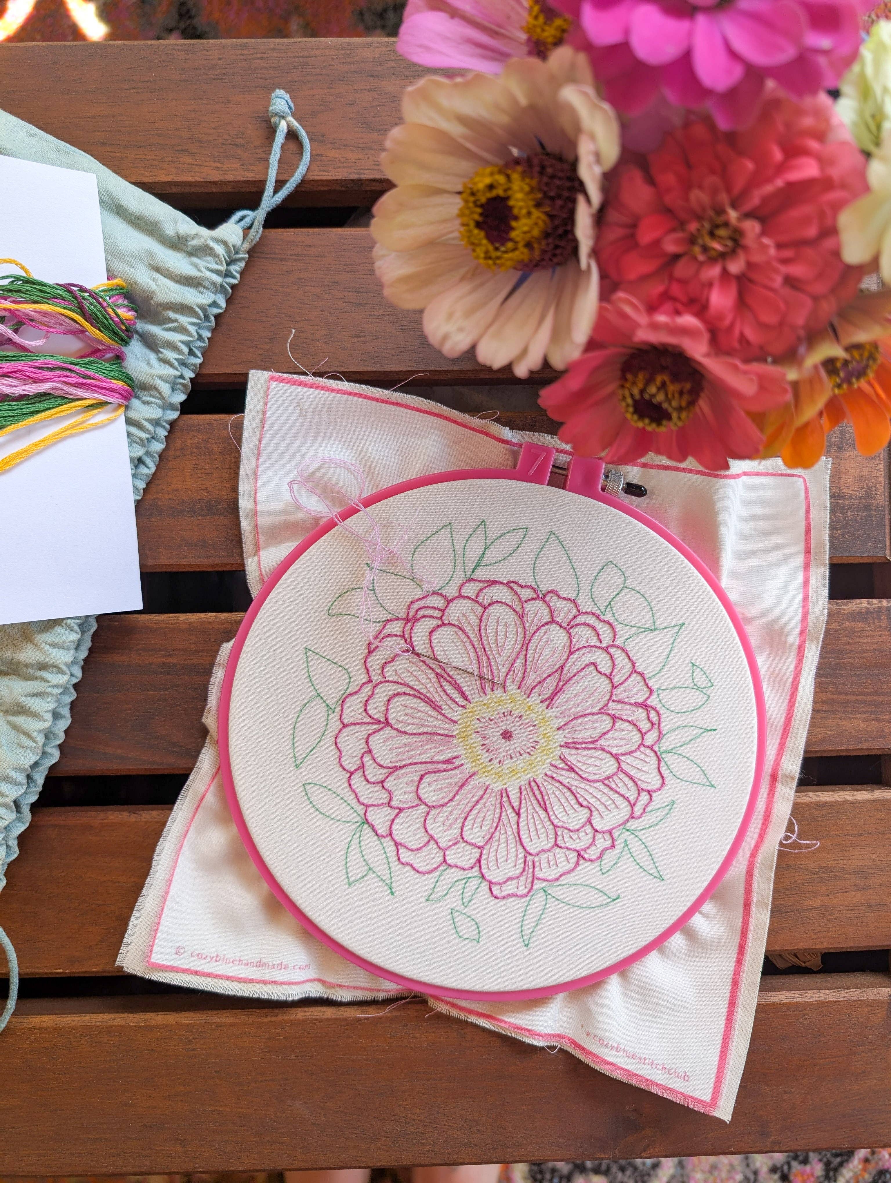 Cozy Blue Zinnians Embroidery Kit