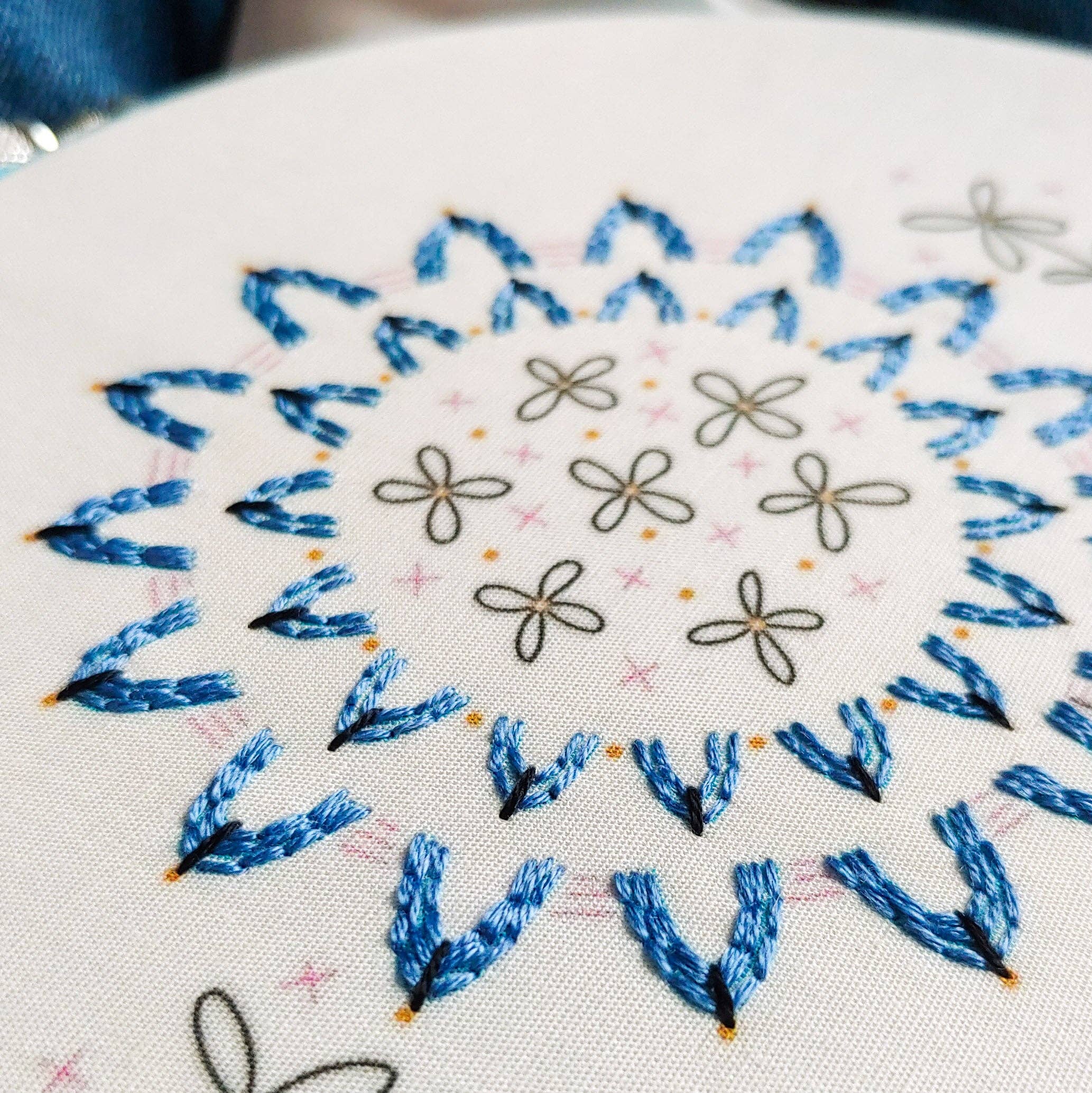 Cozy Blue Folk flower embroidery kit