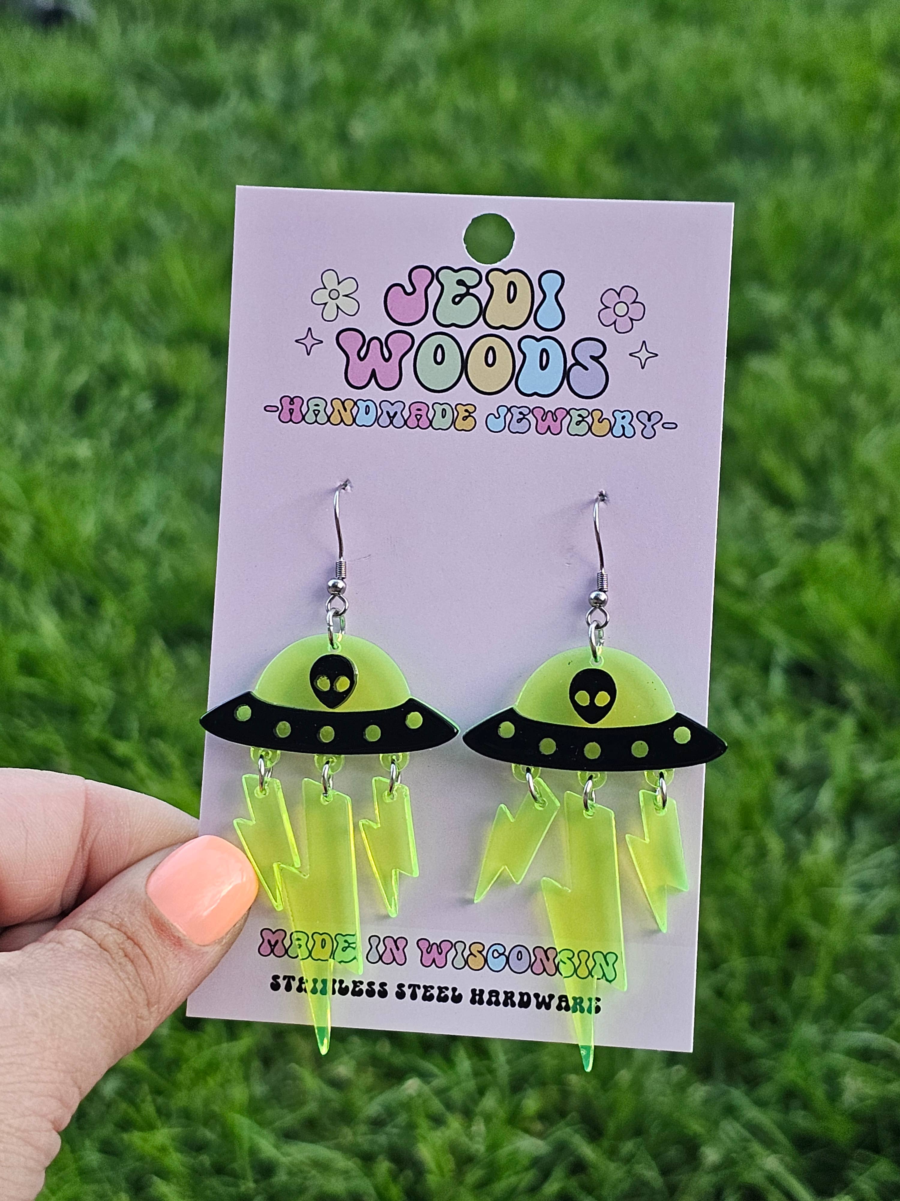 Green and Black Alien Invasion Spaceship Earrings