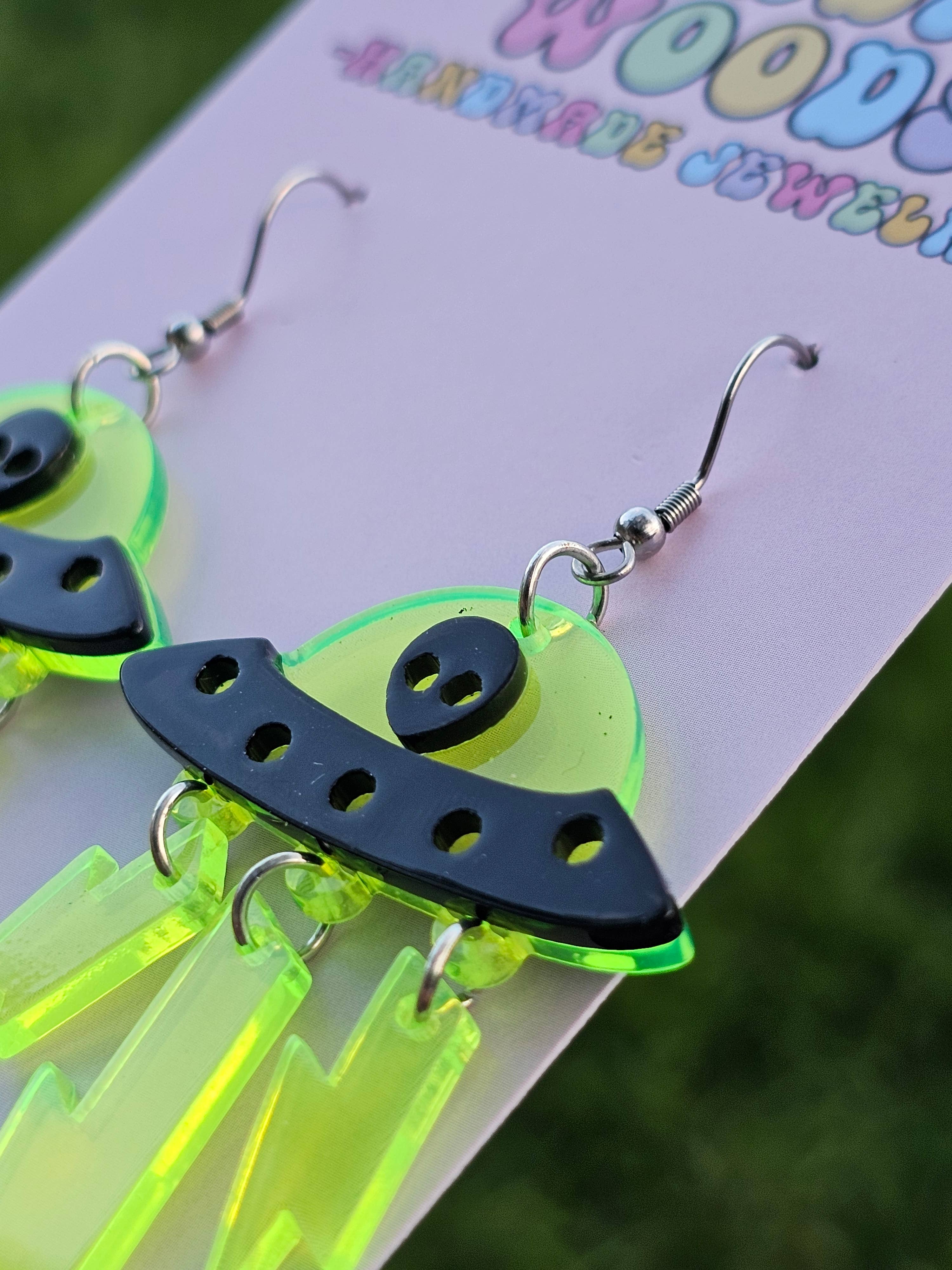 Green and Black Alien Invasion Spaceship Earrings