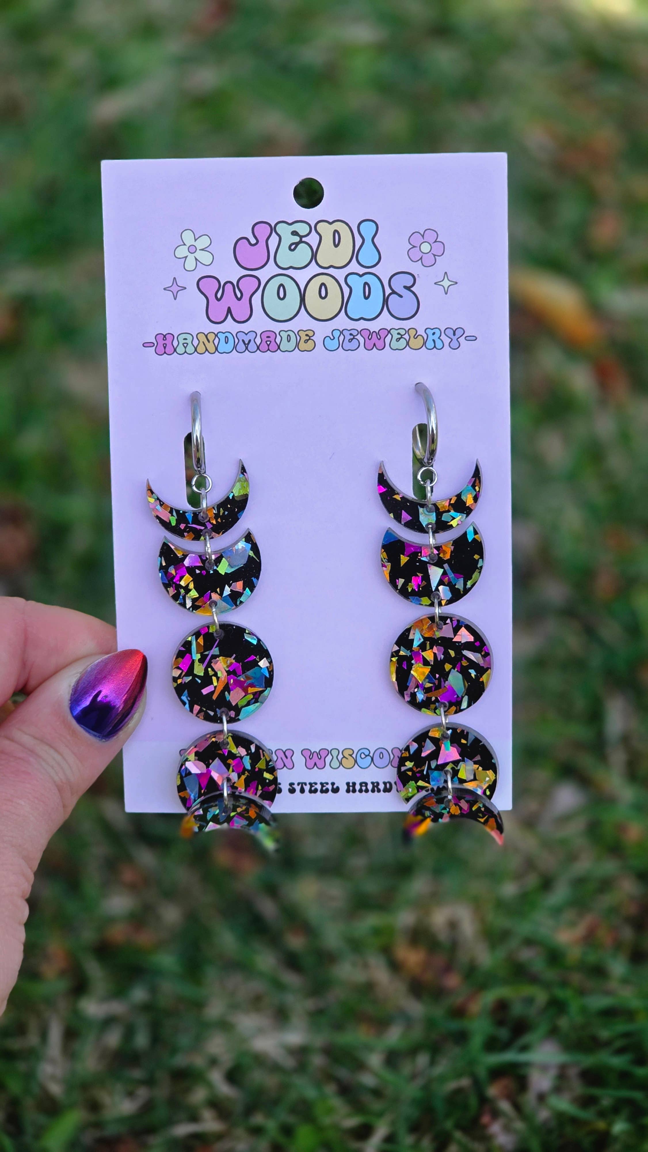 Black Rainbow Crackle Moon Phase Earrings - Gauge Friendly