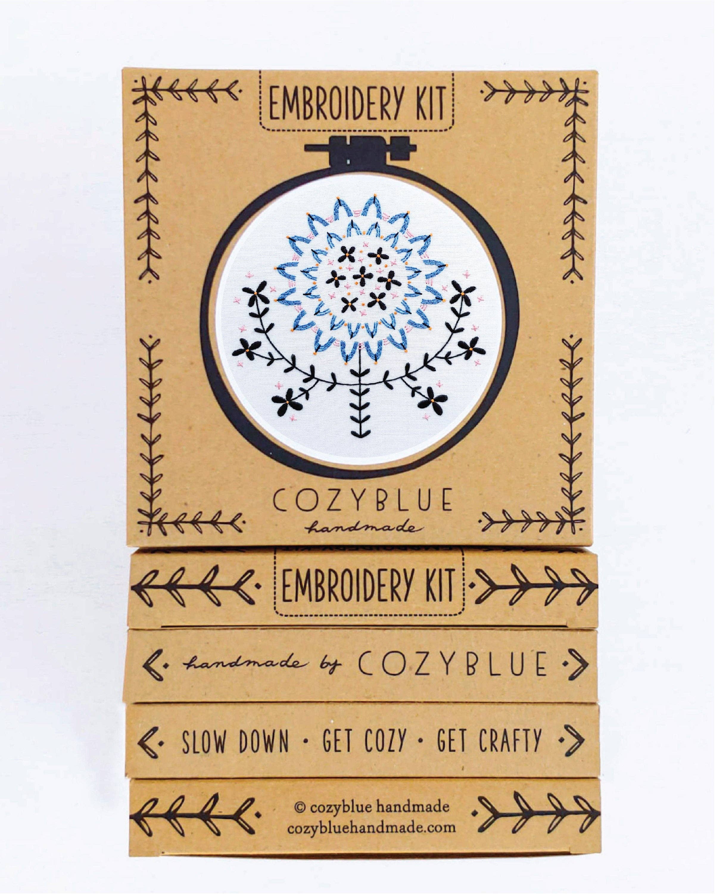 Cozy Blue Folk flower embroidery kit