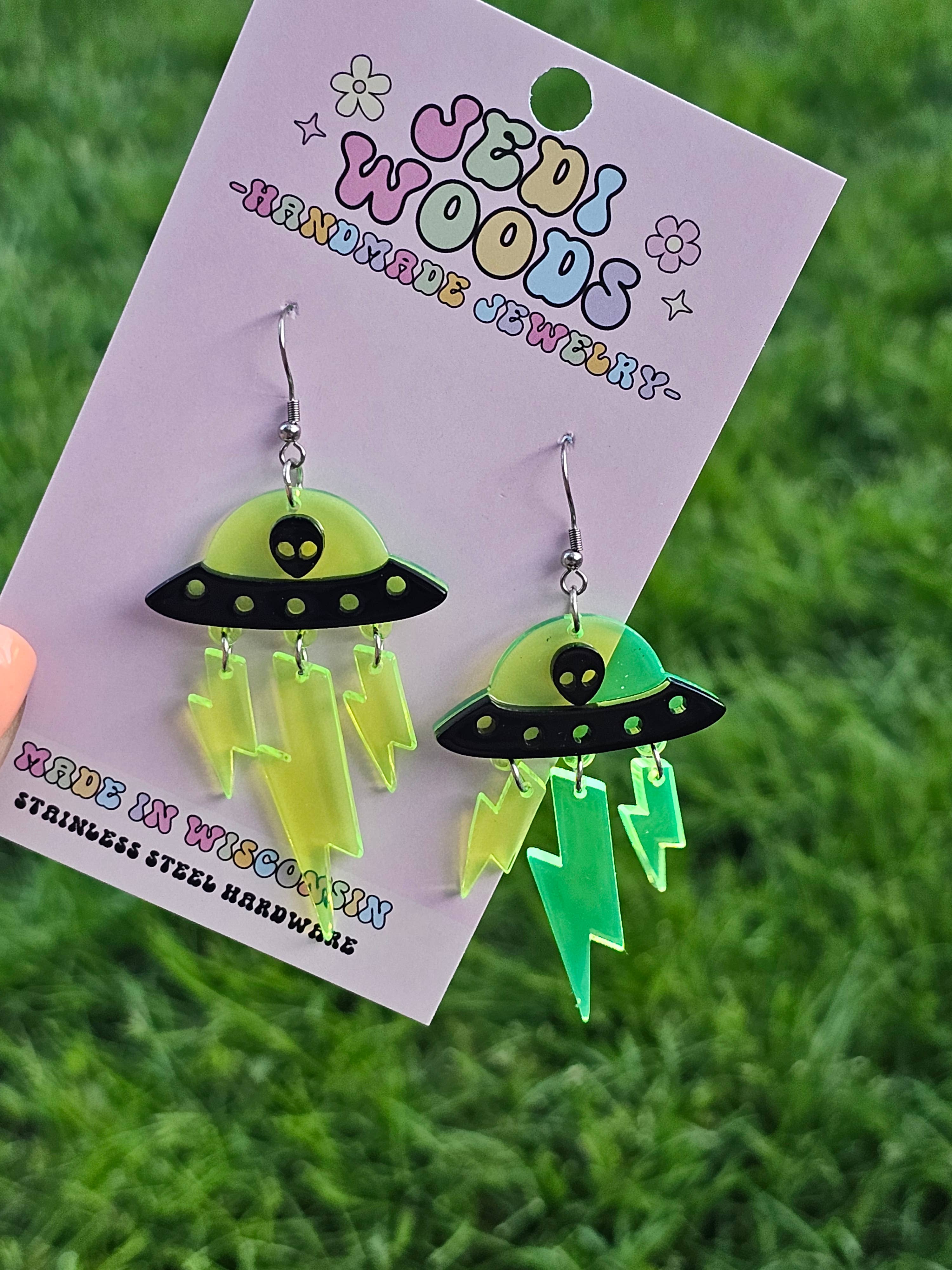Green and Black Alien Invasion Spaceship Earrings