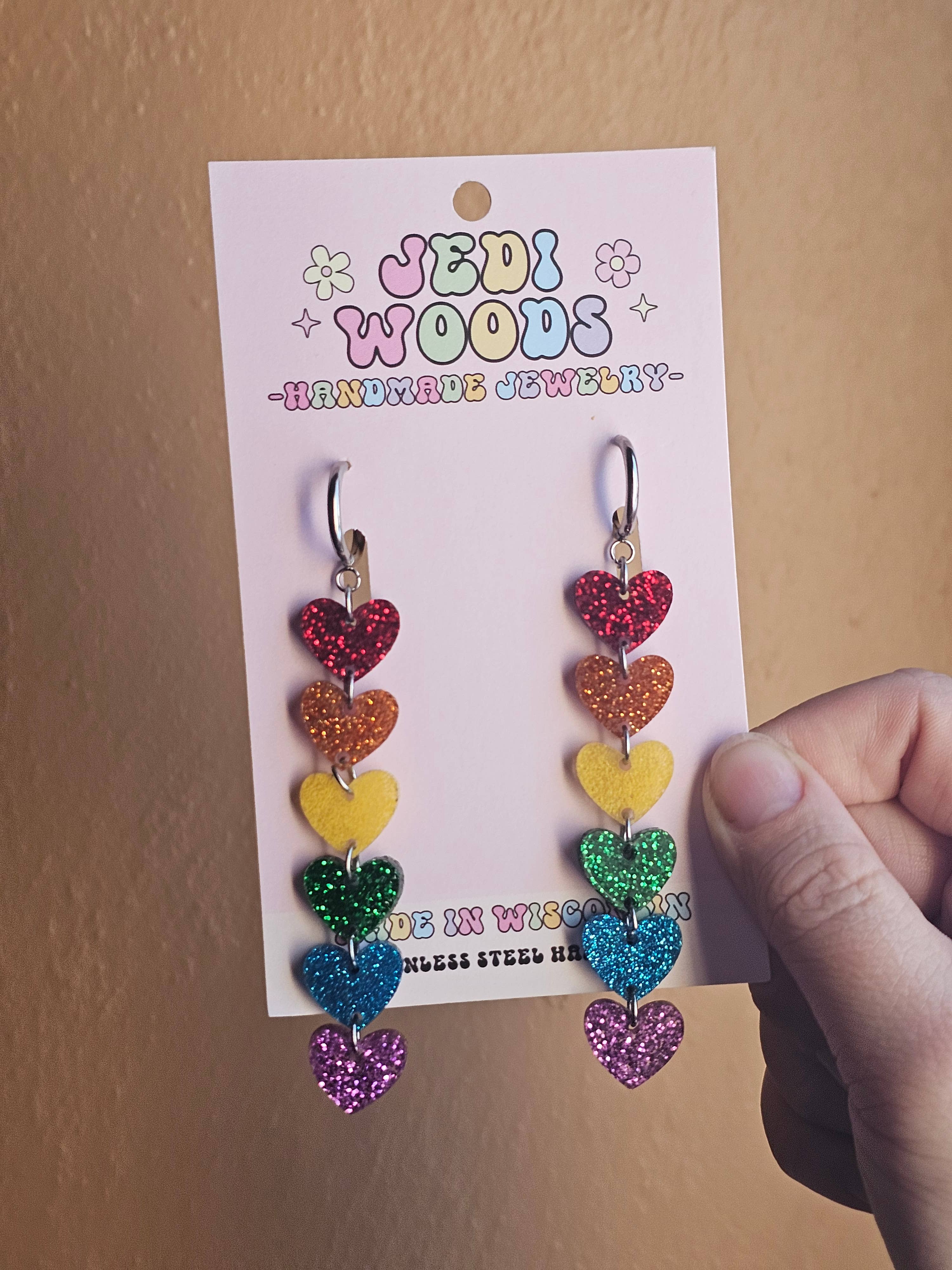 Rainbow Glitter Heart Chain Earrings - Gauge Friendly