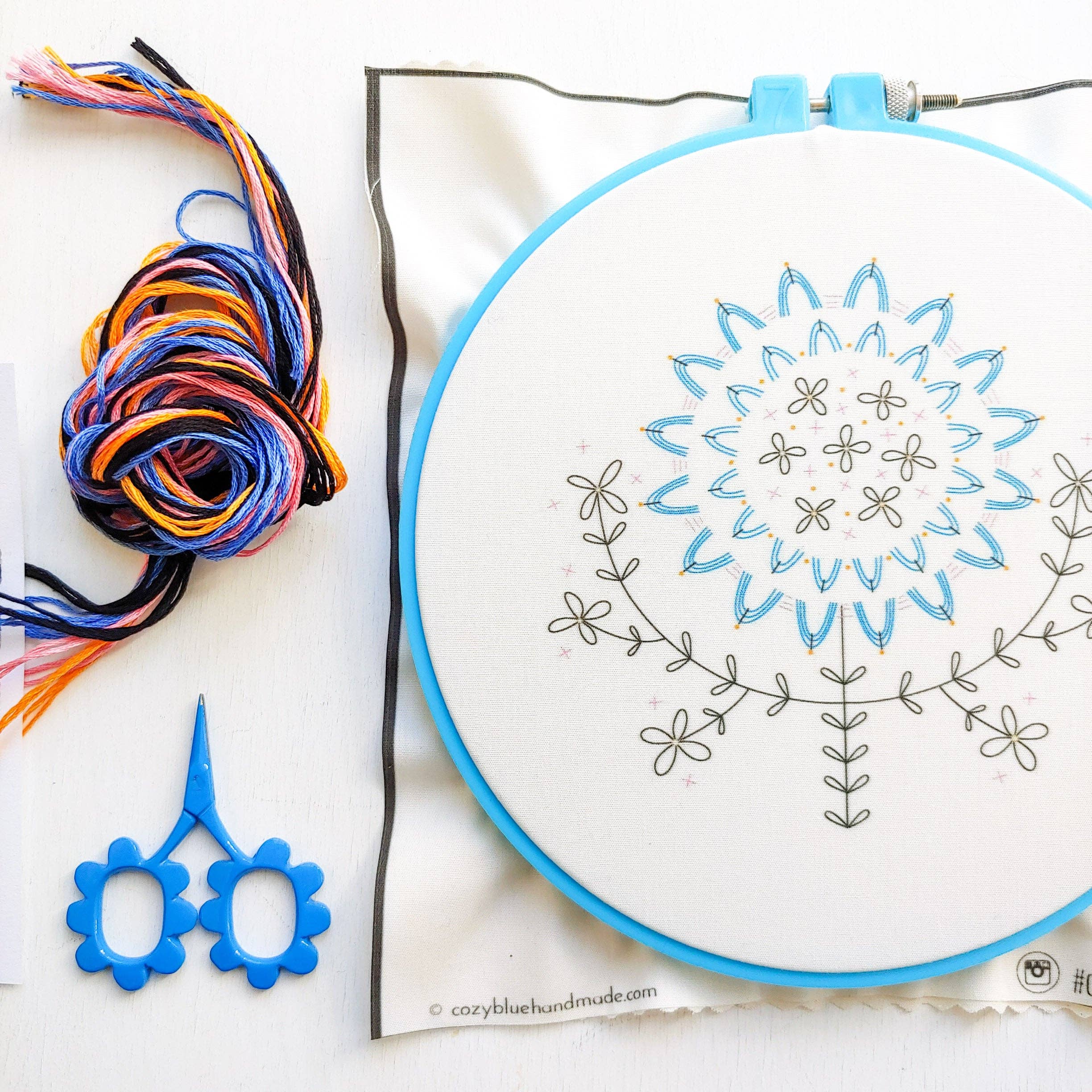 Cozy Blue Folk flower embroidery kit