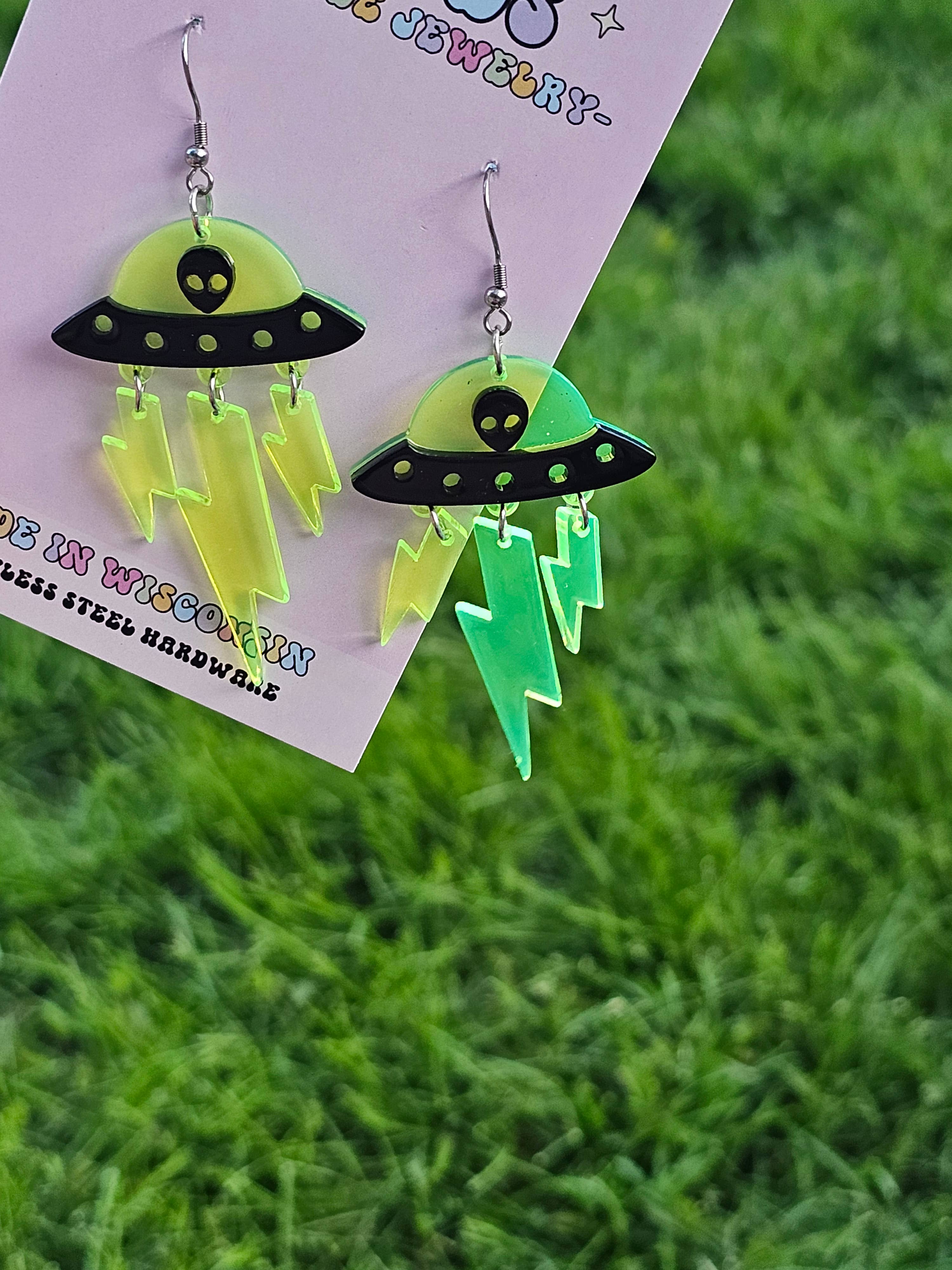 Green and Black Alien Invasion Spaceship Earrings