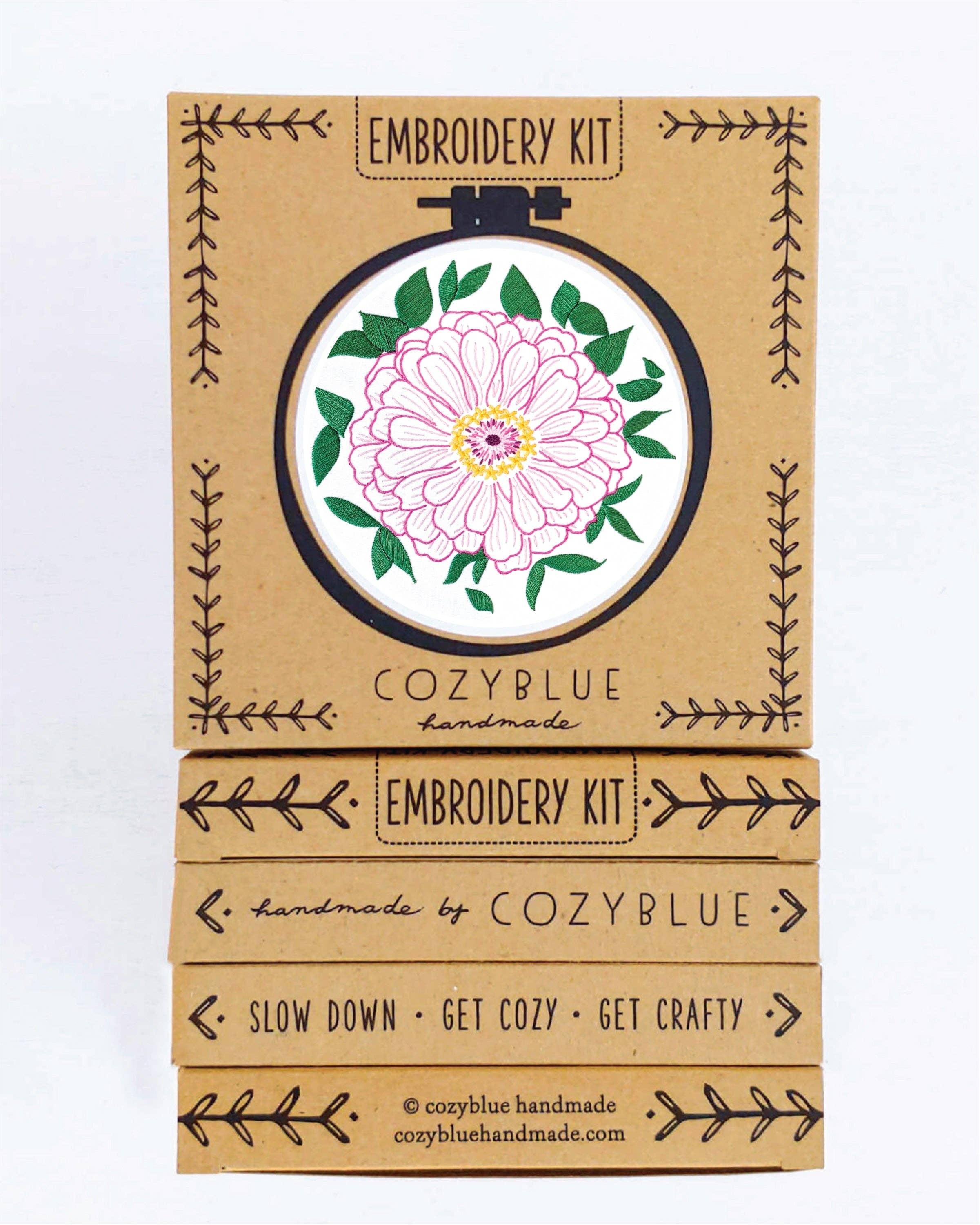 Cozy Blue Zinnians Embroidery Kit