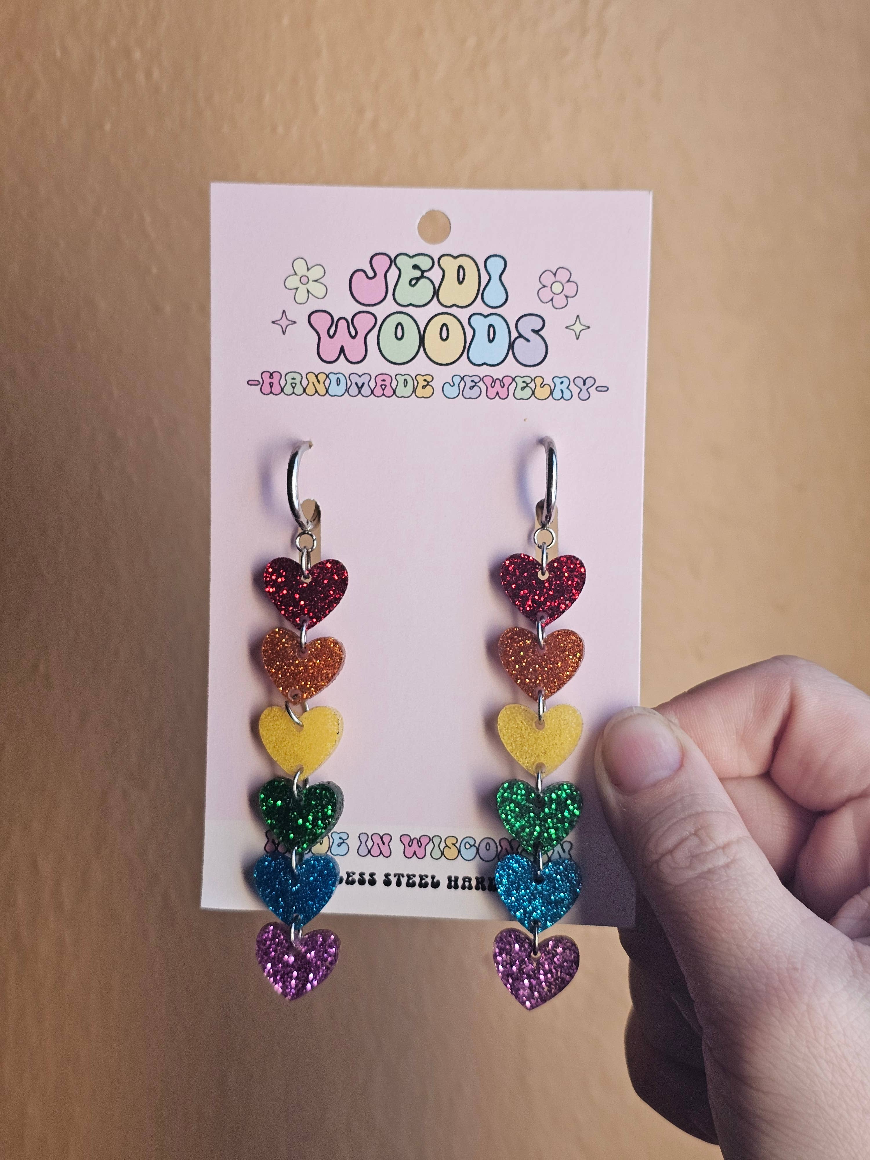 Rainbow Glitter Heart Chain Earrings - Gauge Friendly