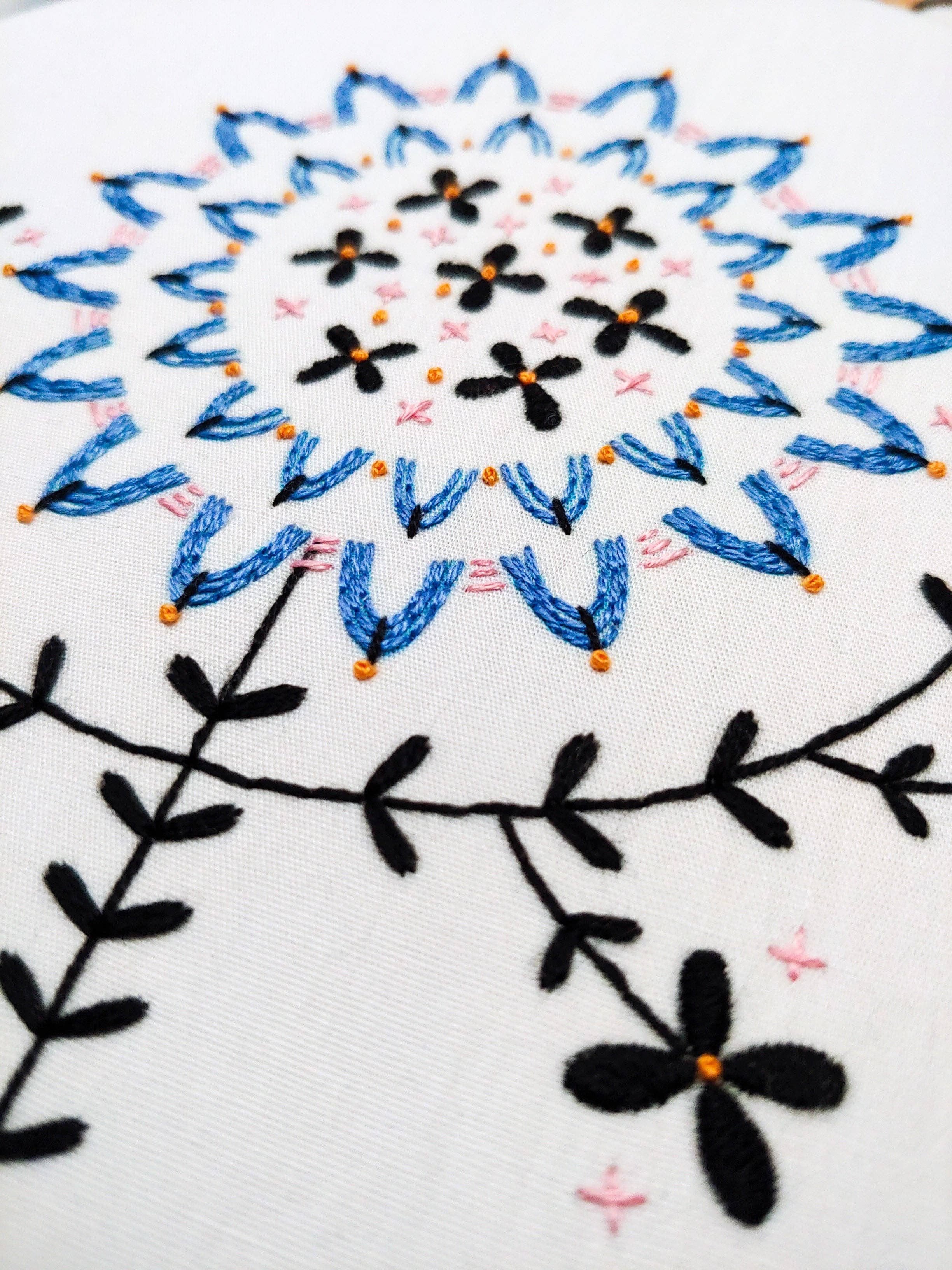 Cozy Blue Folk flower embroidery kit