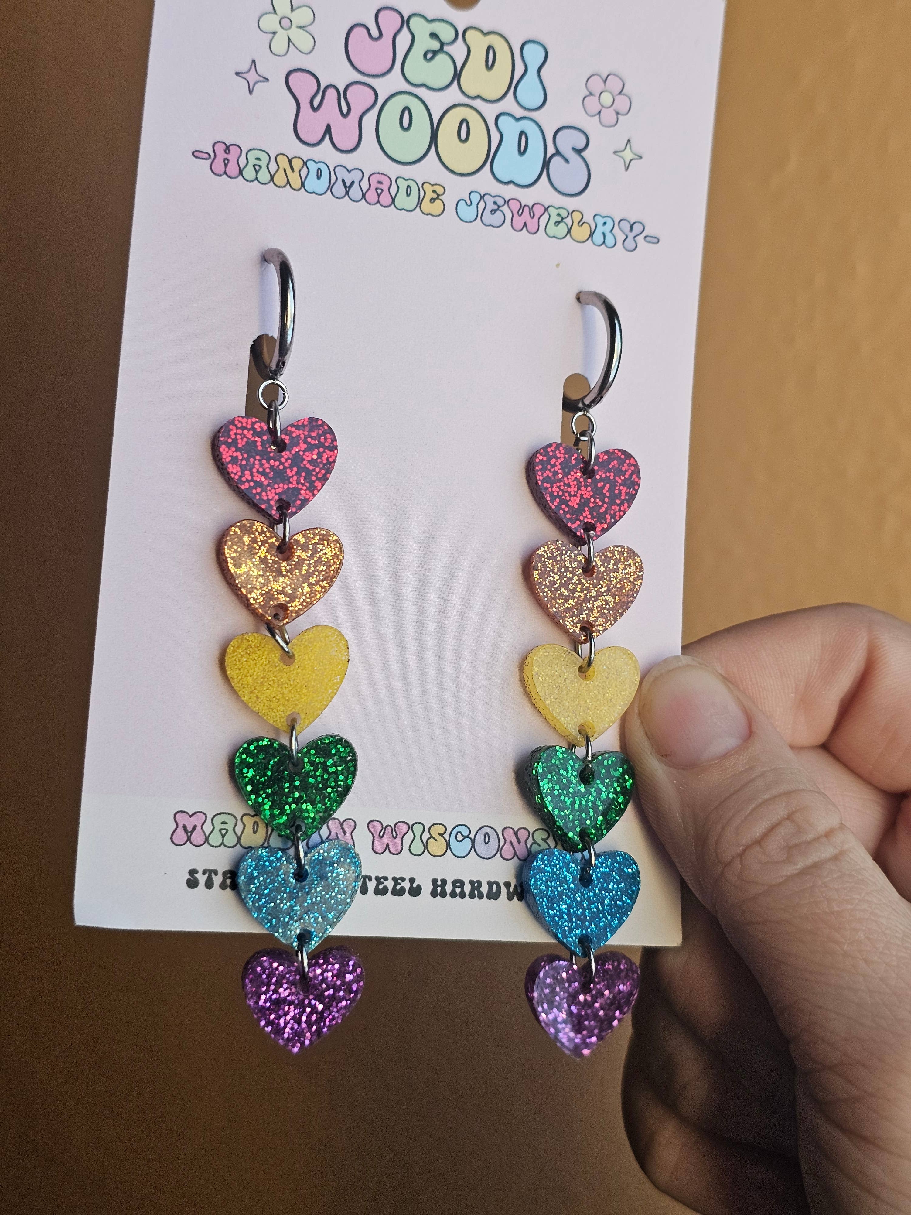 Rainbow Glitter Heart Chain Earrings - Gauge Friendly