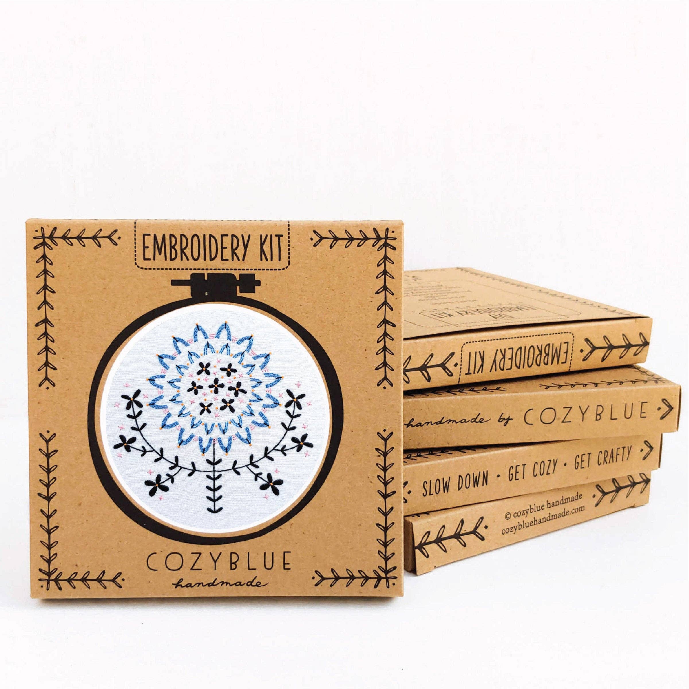 Cozy Blue Folk flower embroidery kit
