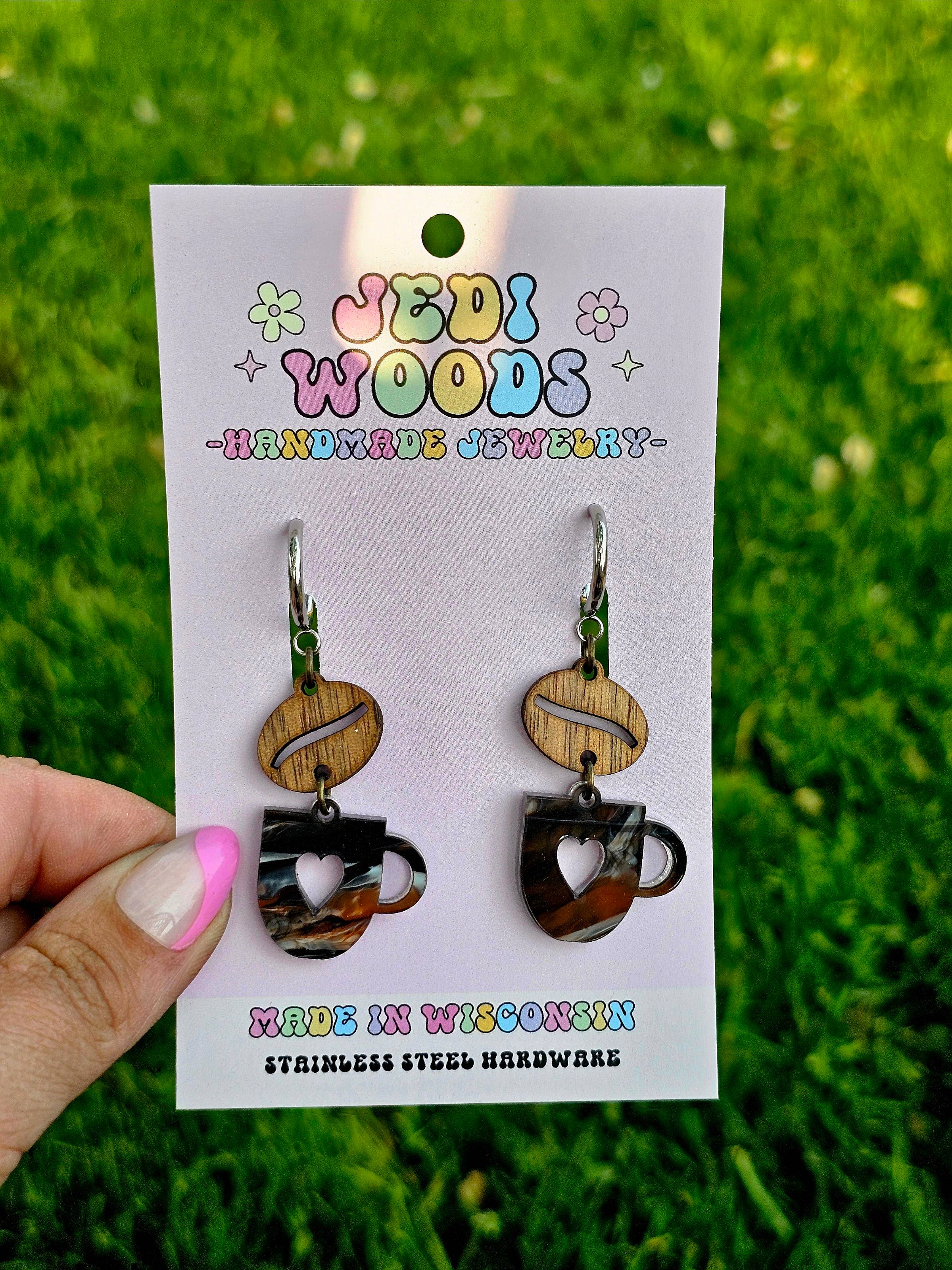 Swirled Coffee Cup and Wooden Bean Earrings - Gauge Friendly