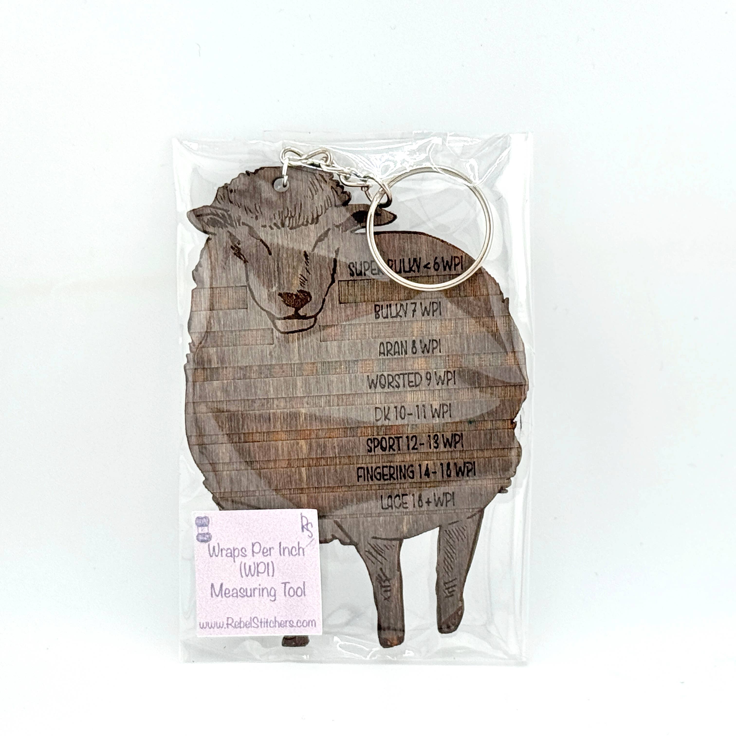Sheep Sketch Yarn Weight Gauge Wooden Keychain 2.5 x 3.8"