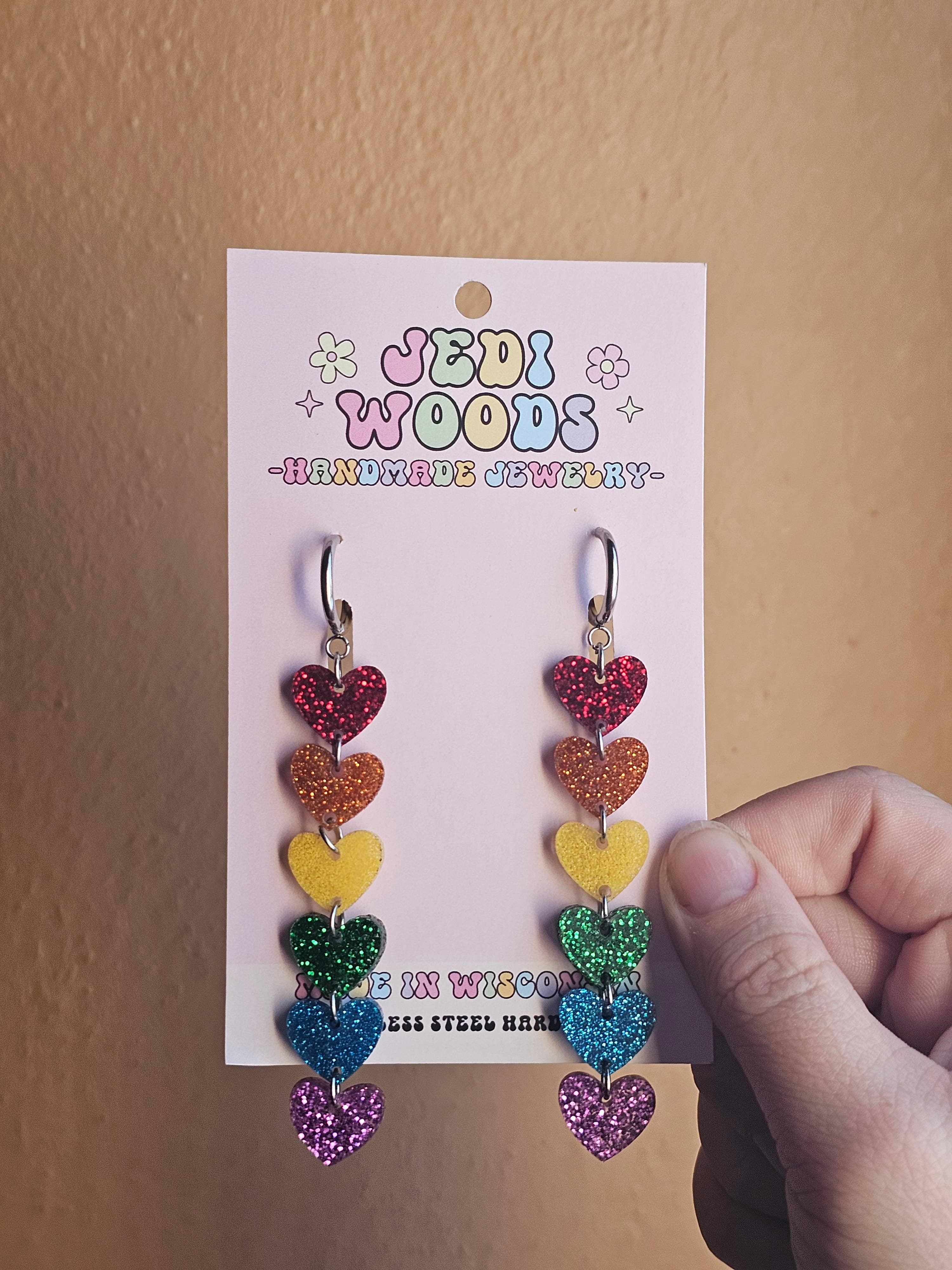 Rainbow Glitter Heart Chain Earrings - Gauge Friendly
