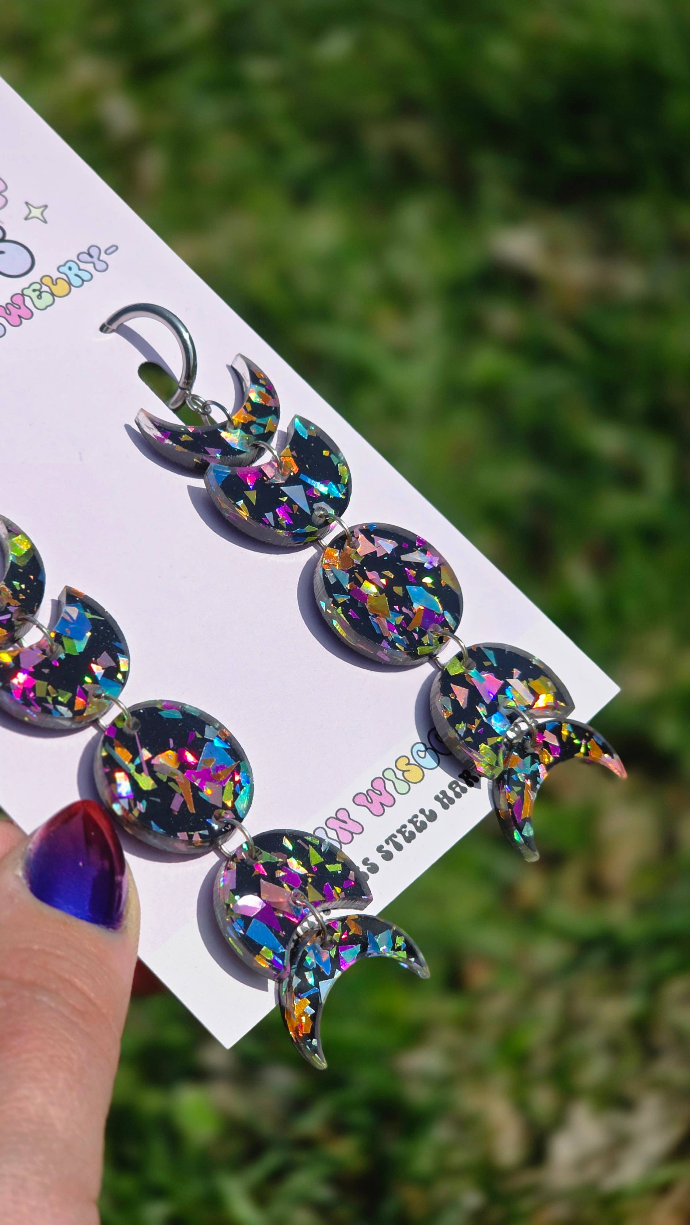 Black Rainbow Crackle Moon Phase Earrings - Gauge Friendly