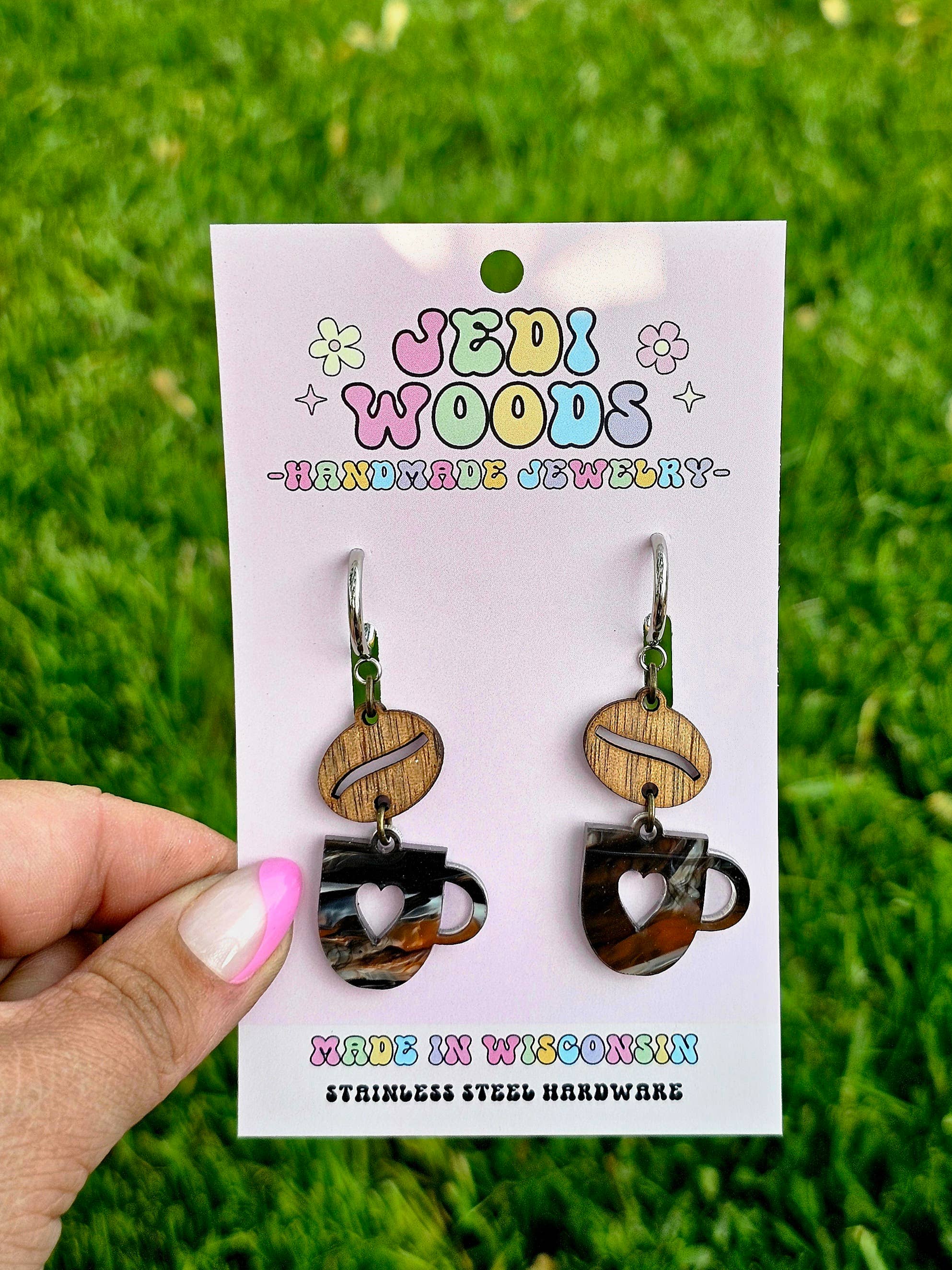 Swirled Coffee Cup and Wooden Bean Earrings - Gauge Friendly