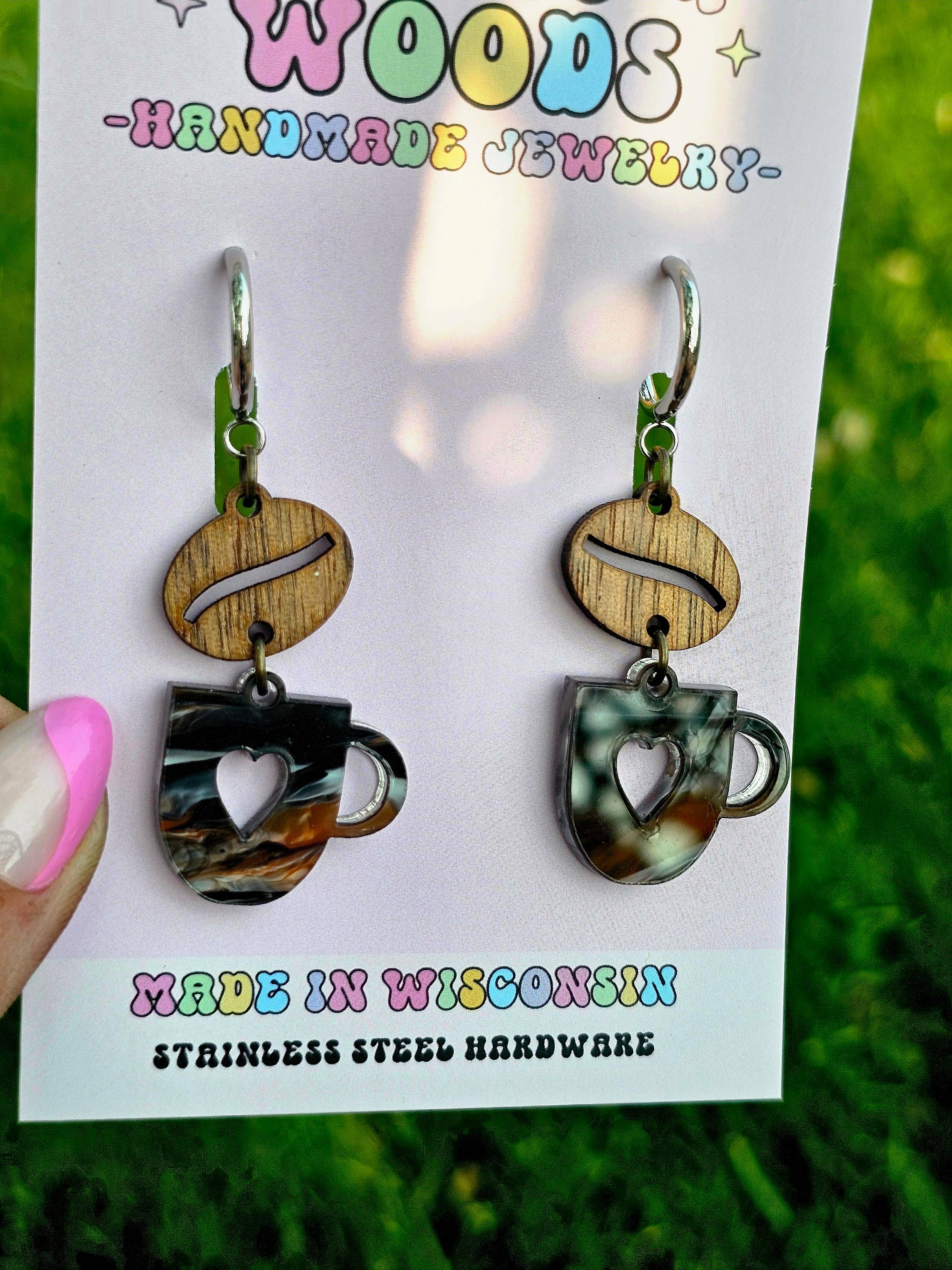 Swirled Coffee Cup and Wooden Bean Earrings - Gauge Friendly