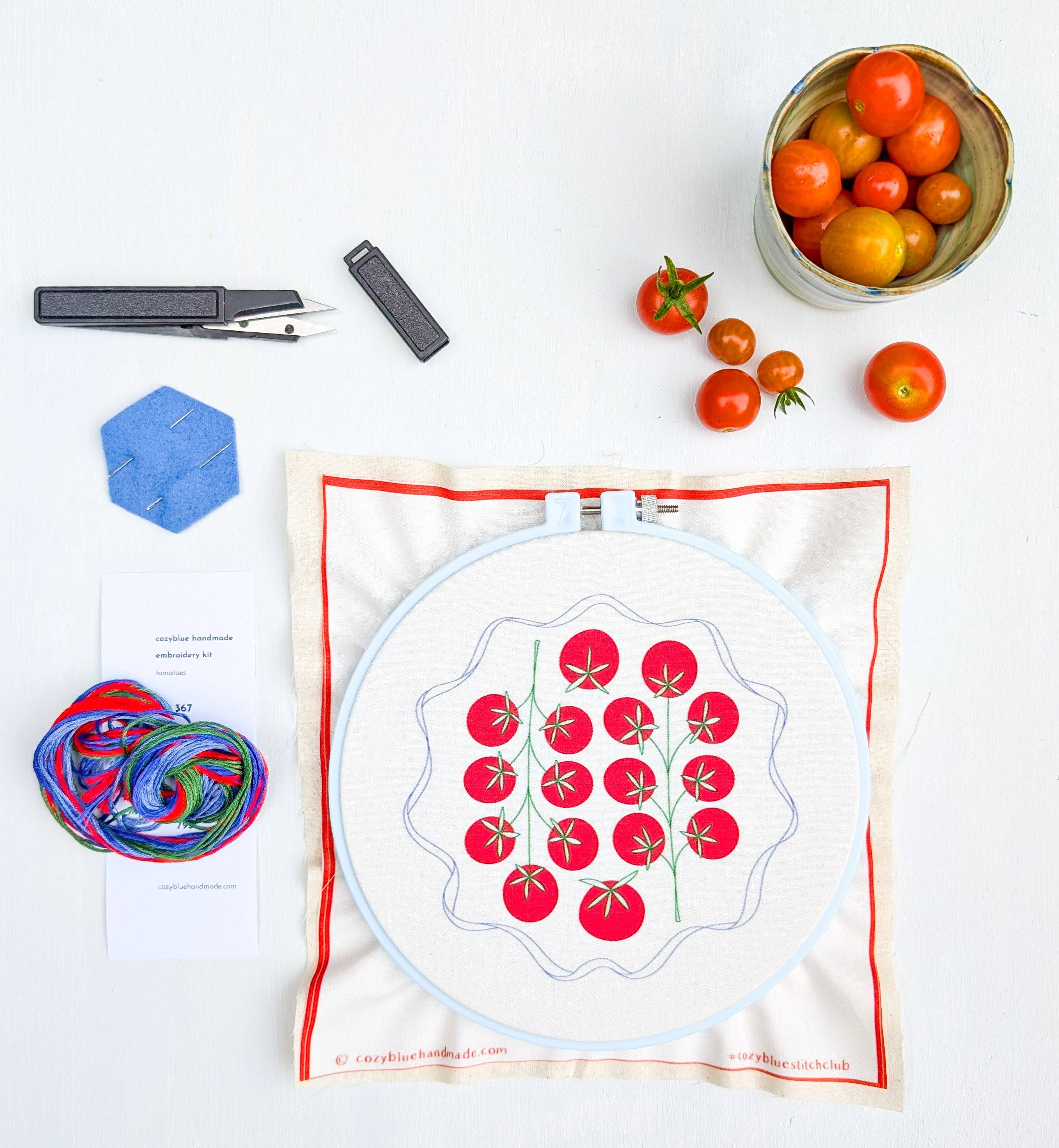 Cozy Blue Tomatoes embroidery kit