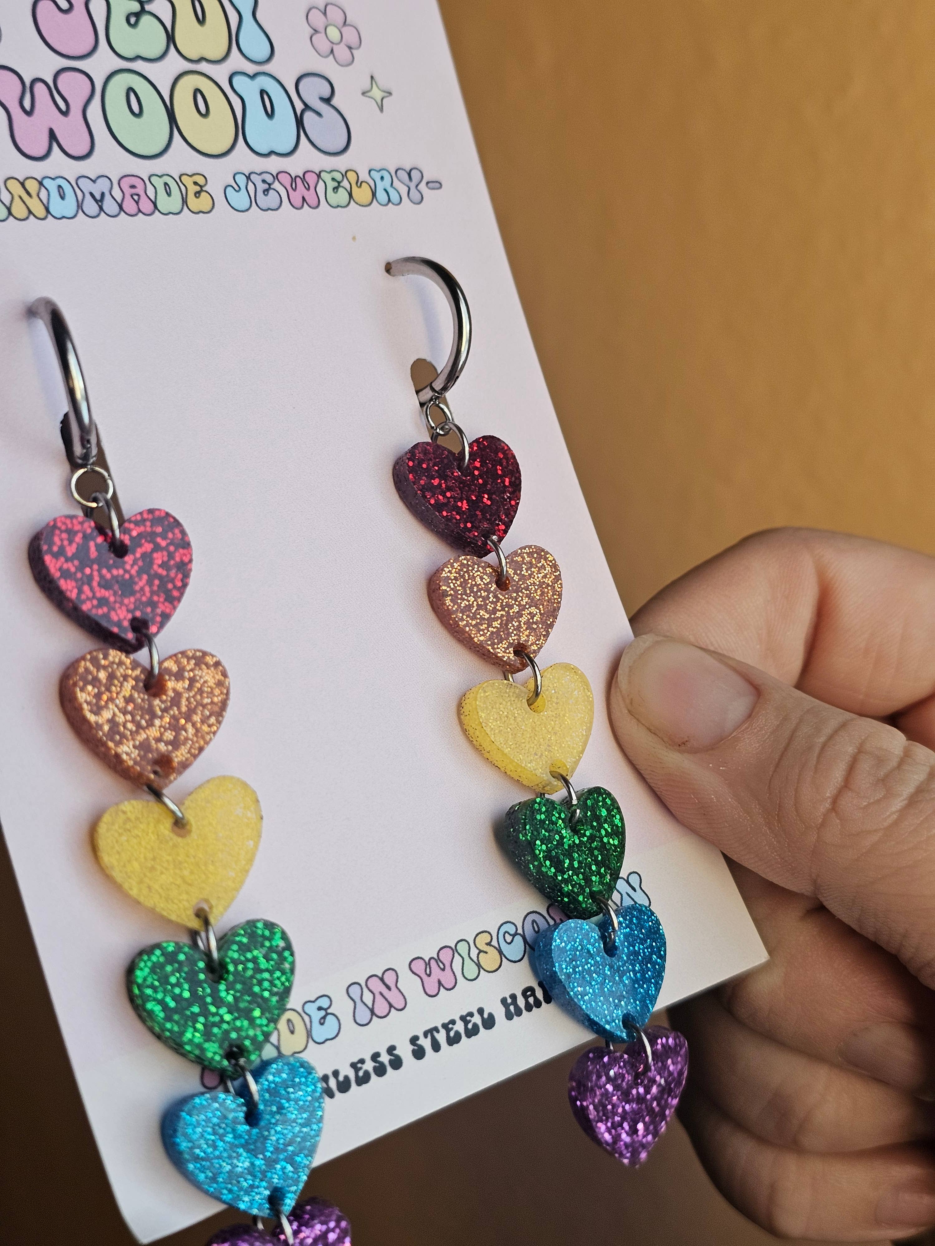 Rainbow Glitter Heart Chain Earrings - Gauge Friendly