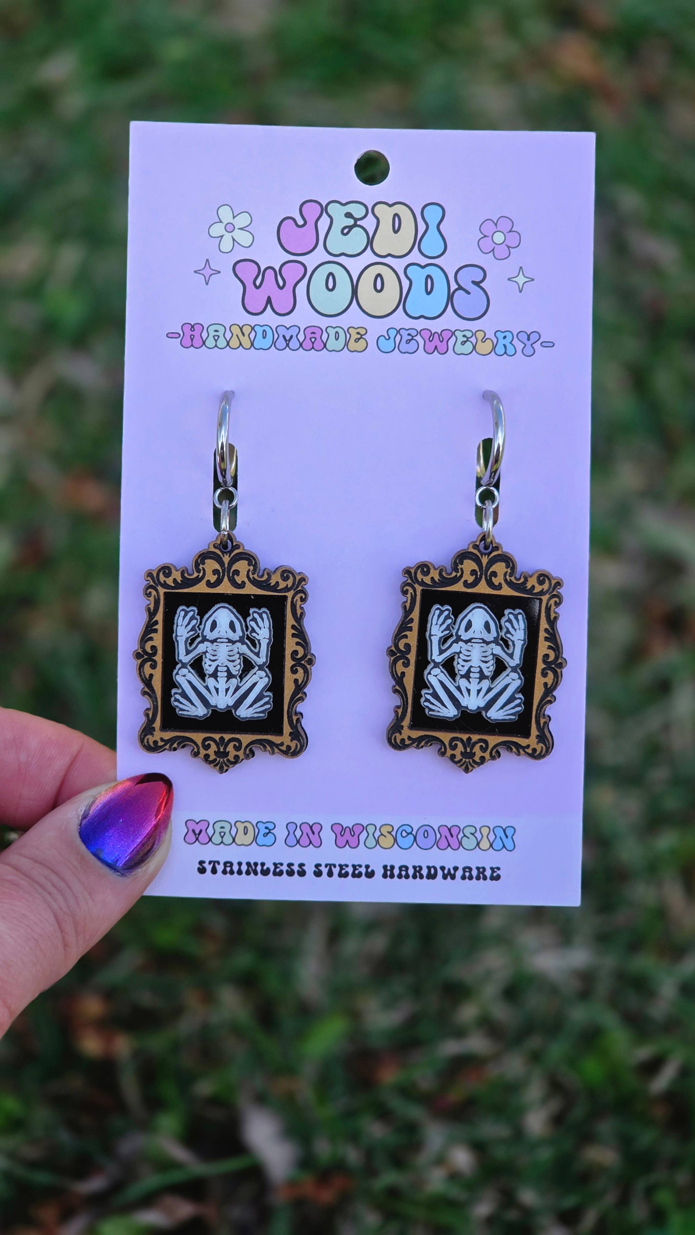 Frog Skeleton Spooky Frame Earrings