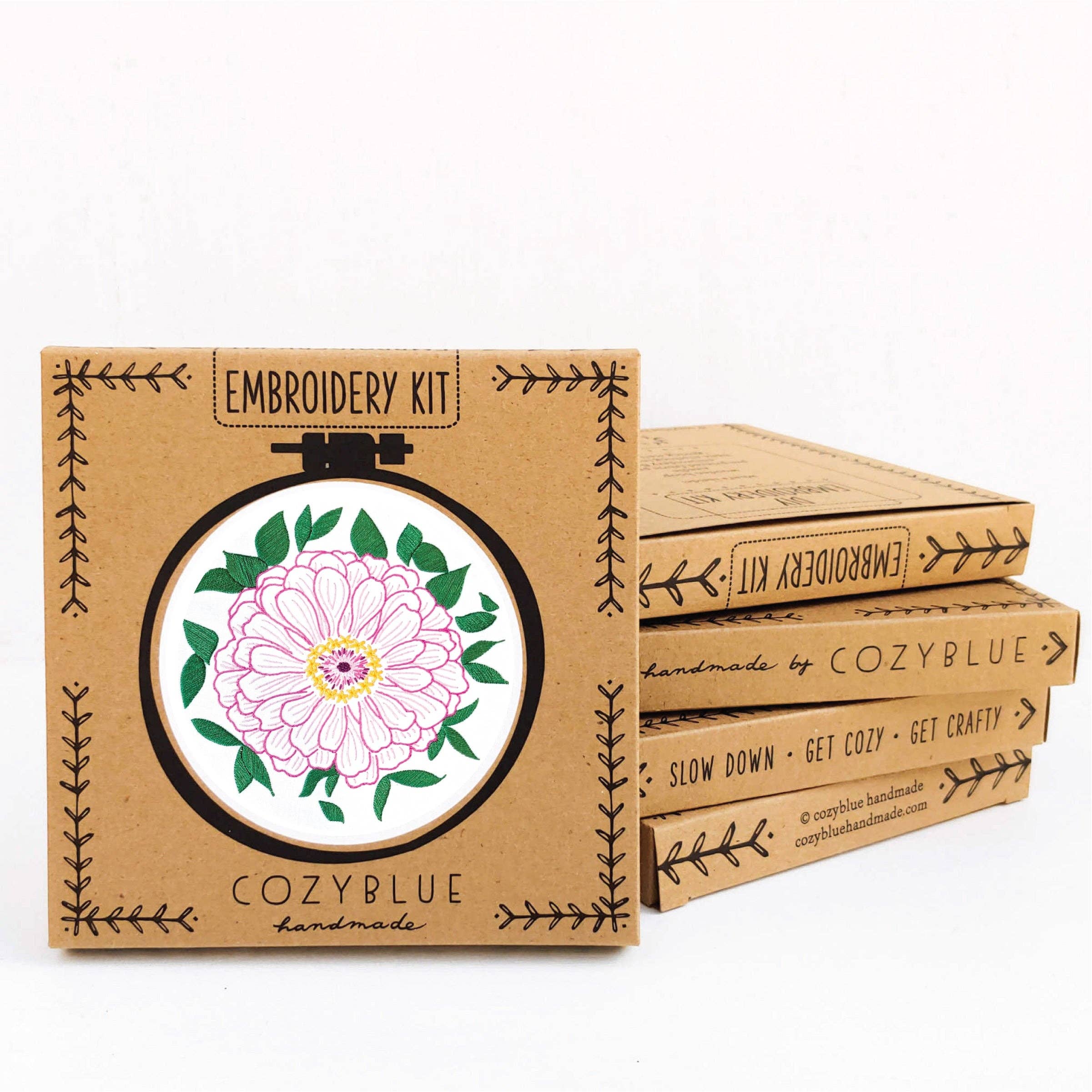 Cozy Blue Zinnians Embroidery Kit