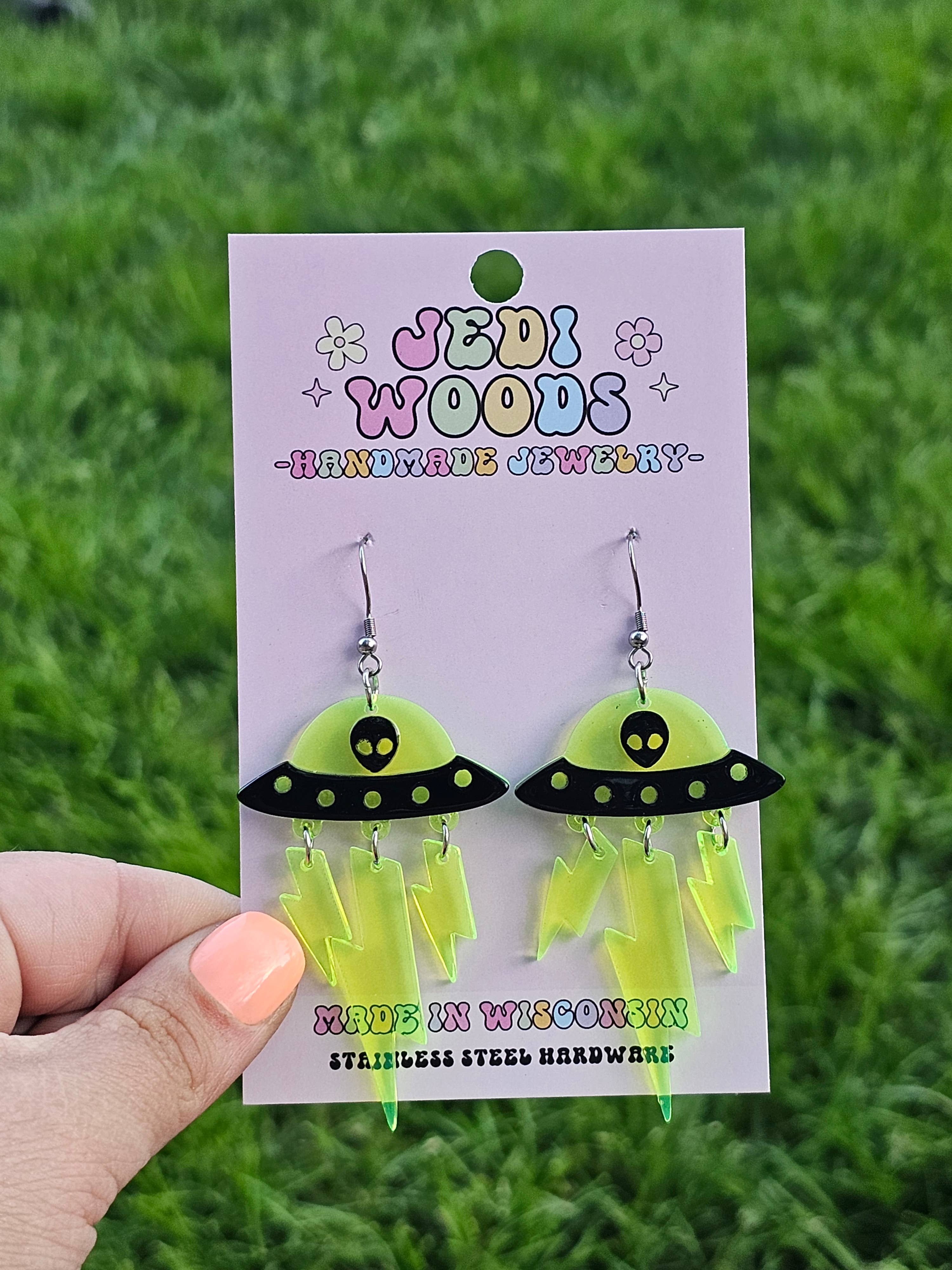 Green and Black Alien Invasion Spaceship Earrings