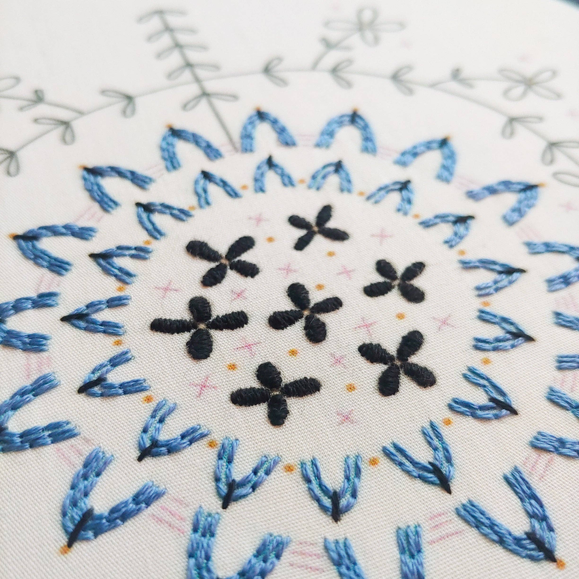 Cozy Blue Folk flower embroidery kit