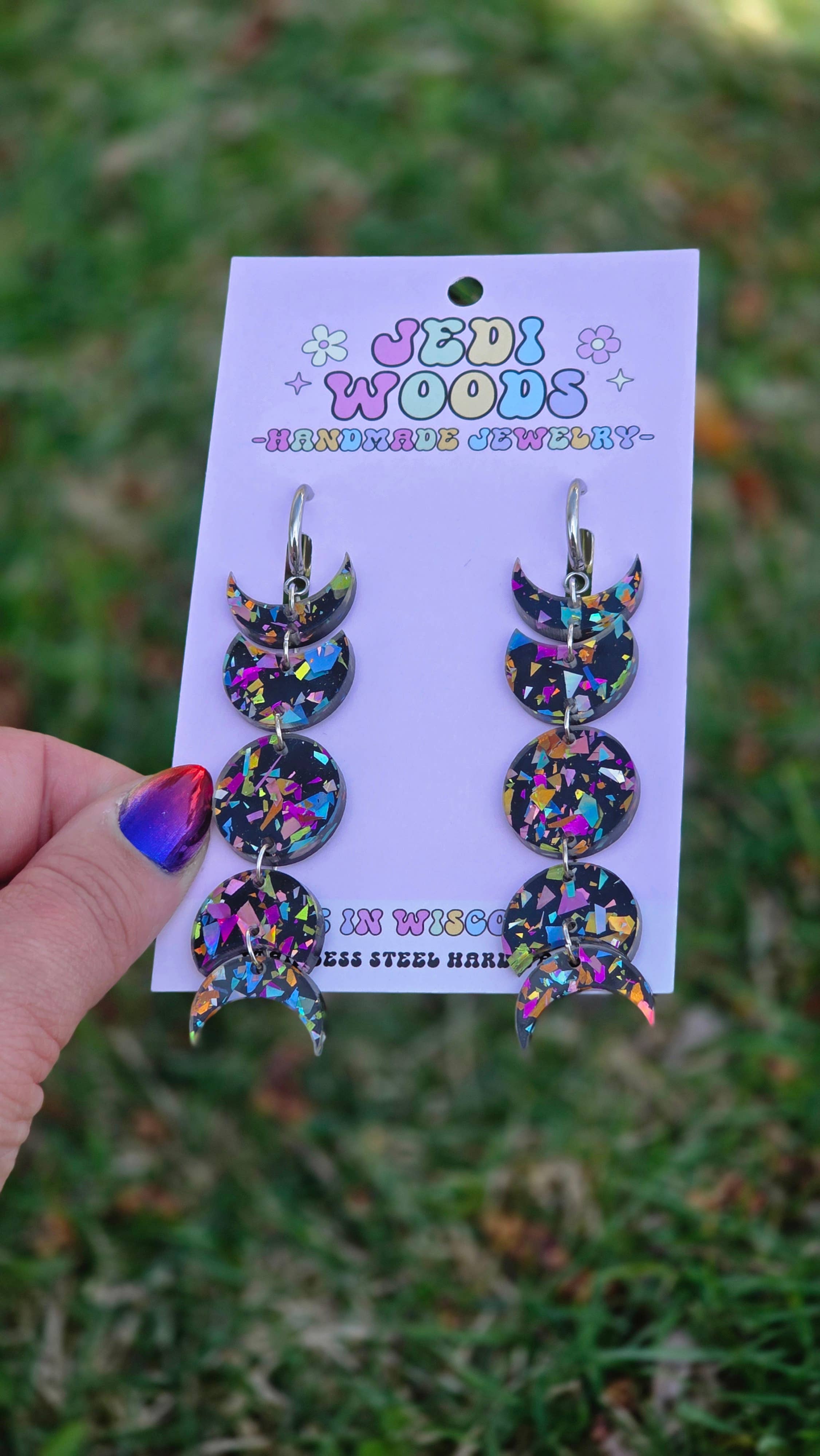 Black Rainbow Crackle Moon Phase Earrings - Gauge Friendly
