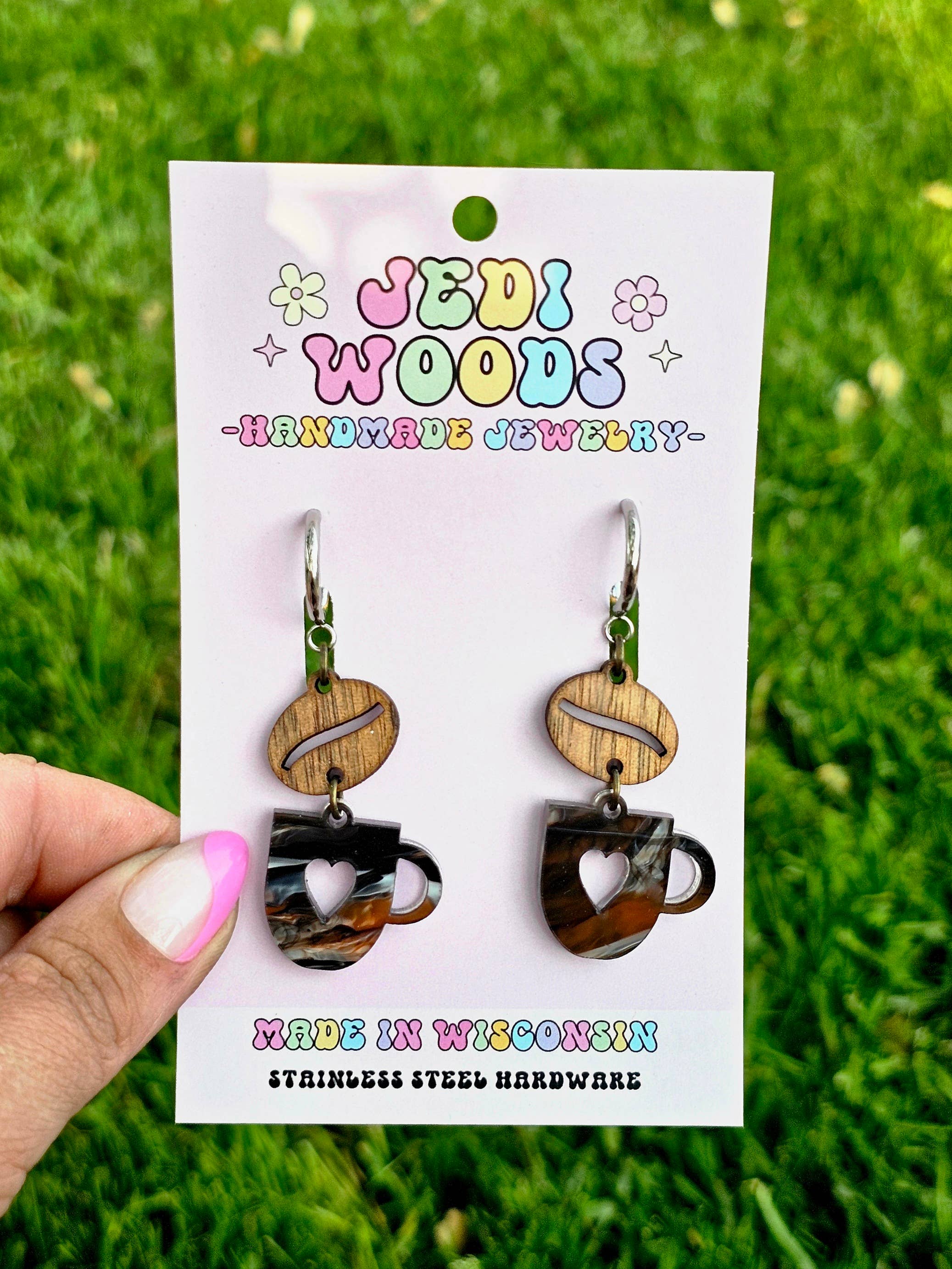 Swirled Coffee Cup and Wooden Bean Earrings - Gauge Friendly