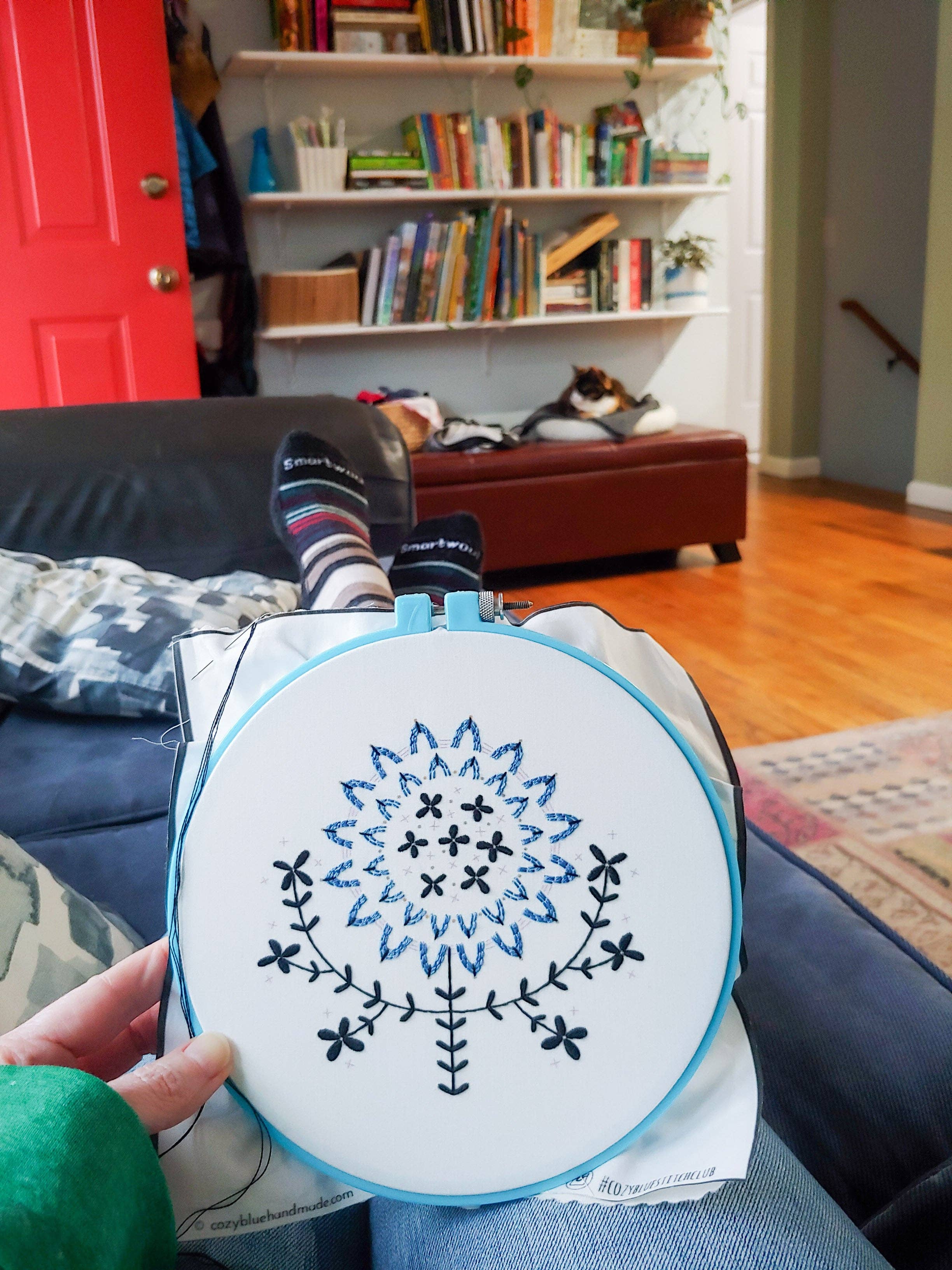 Cozy Blue Folk flower embroidery kit