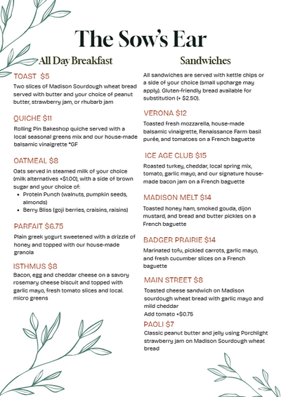 Menu for 'The Sow's Ear' with breakfast and sandwich options.