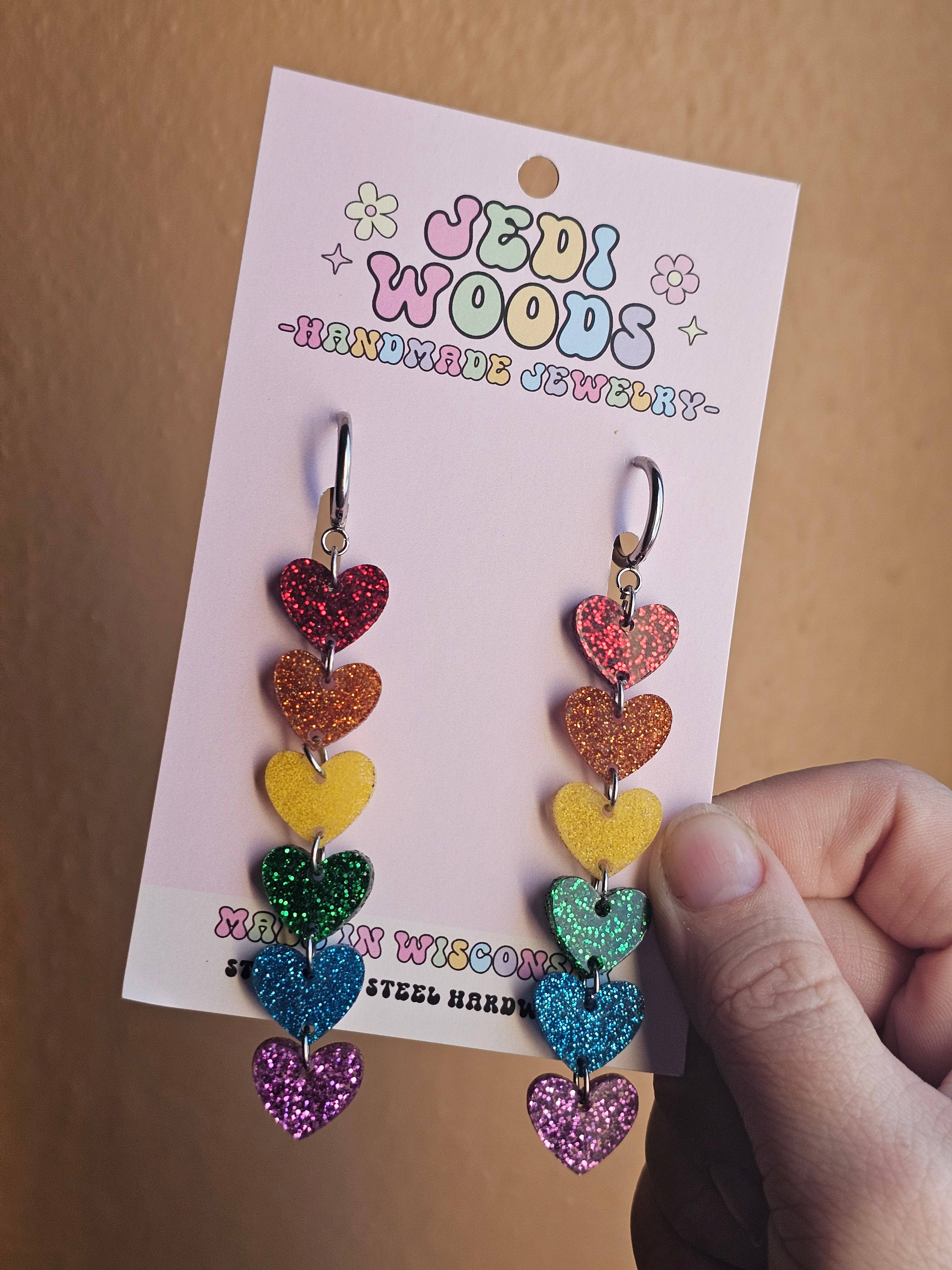 Rainbow Glitter Heart Chain Earrings - Gauge Friendly