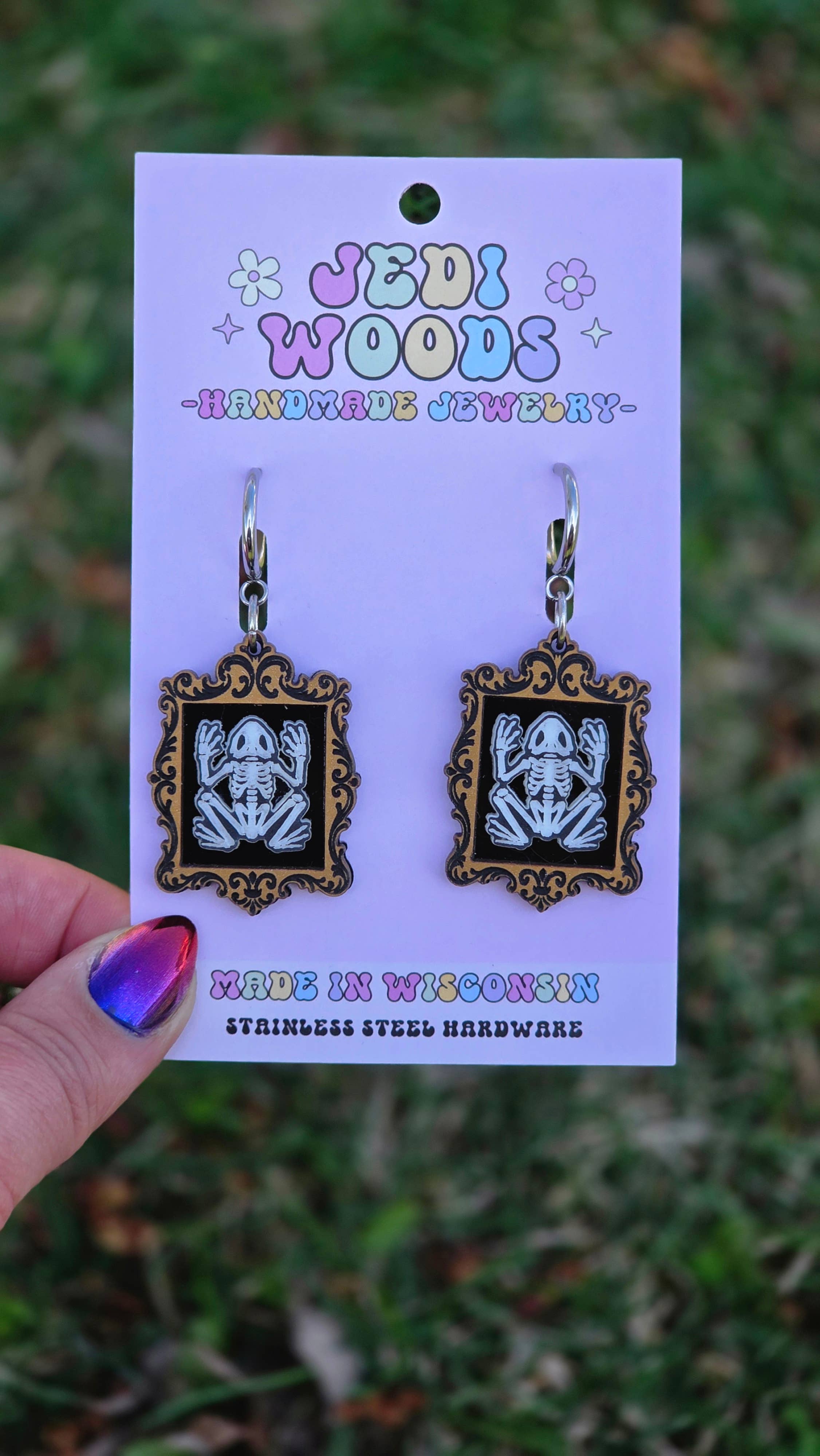 Frog Skeleton Spooky Frame Earrings