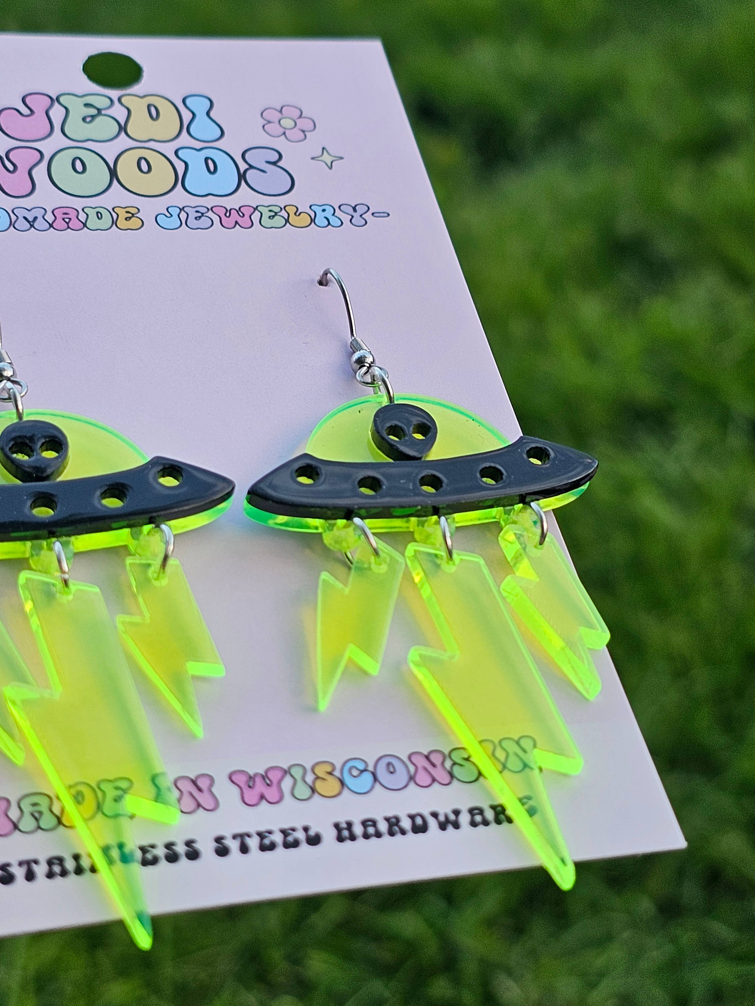 Green and Black Alien Invasion Spaceship Earrings
