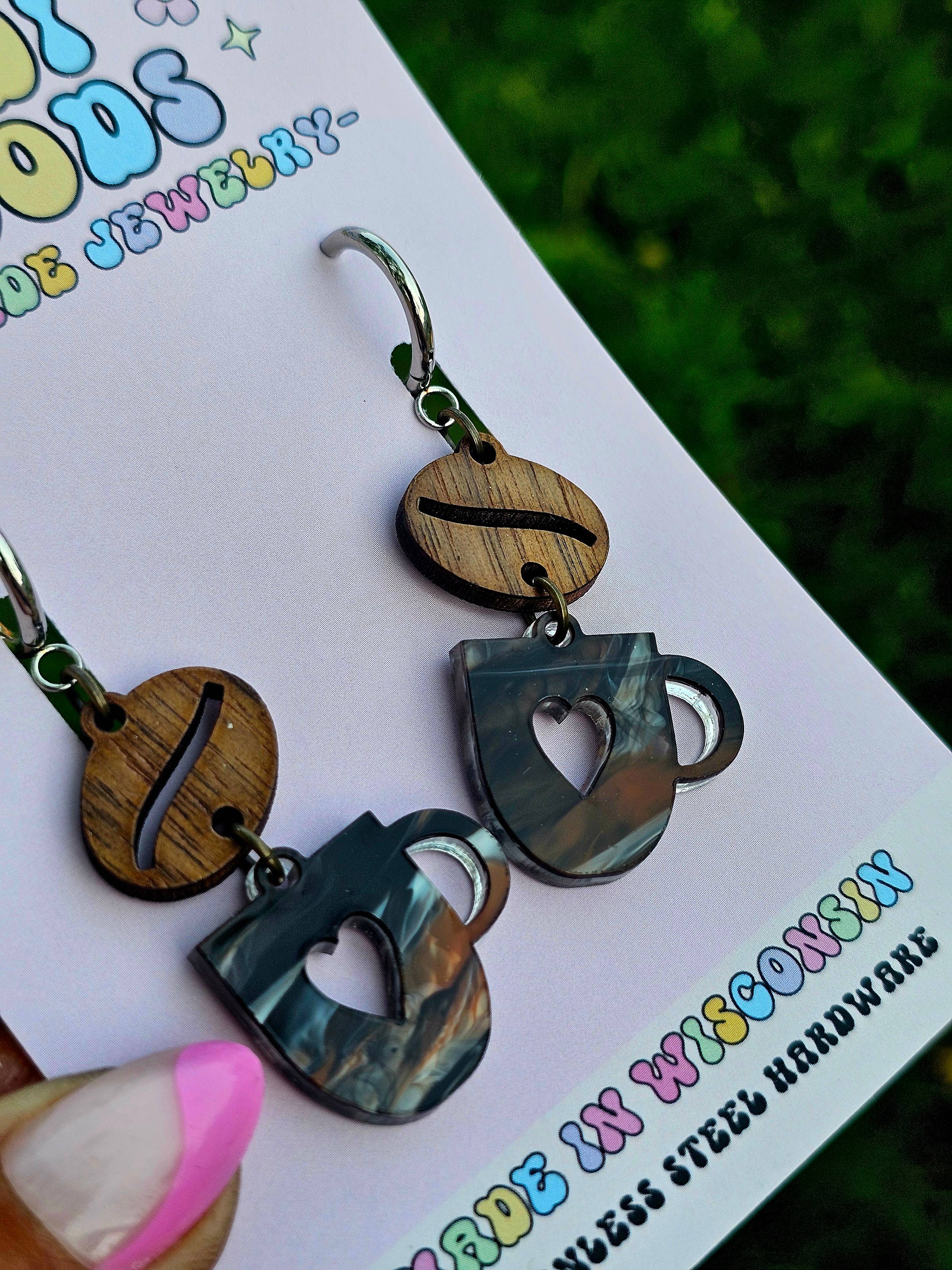 Swirled Coffee Cup and Wooden Bean Earrings - Gauge Friendly
