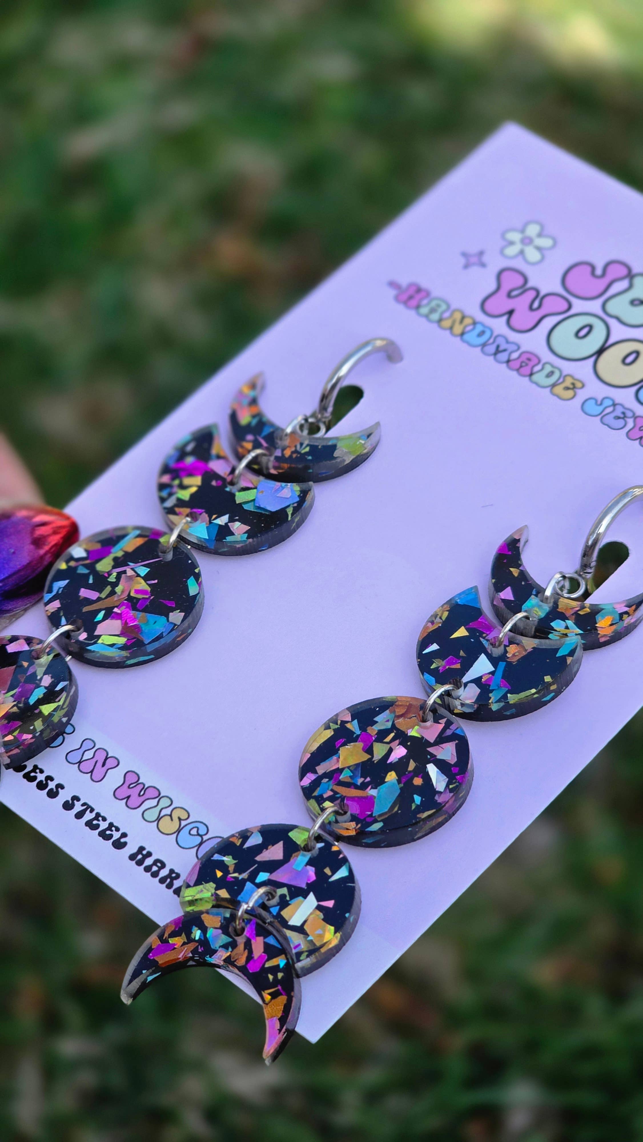 Black Rainbow Crackle Moon Phase Earrings - Gauge Friendly