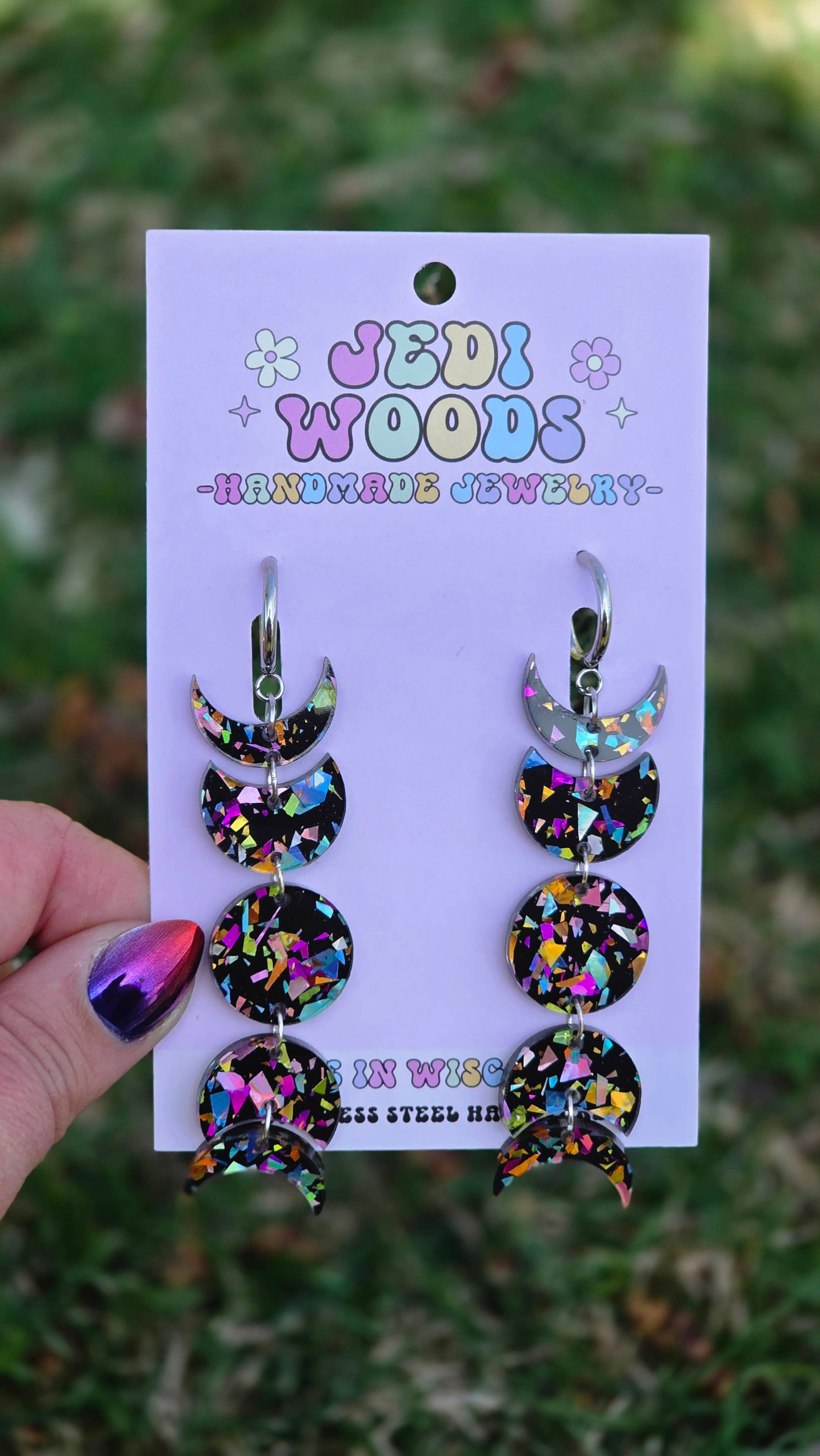 Black Rainbow Crackle Moon Phase Earrings - Gauge Friendly