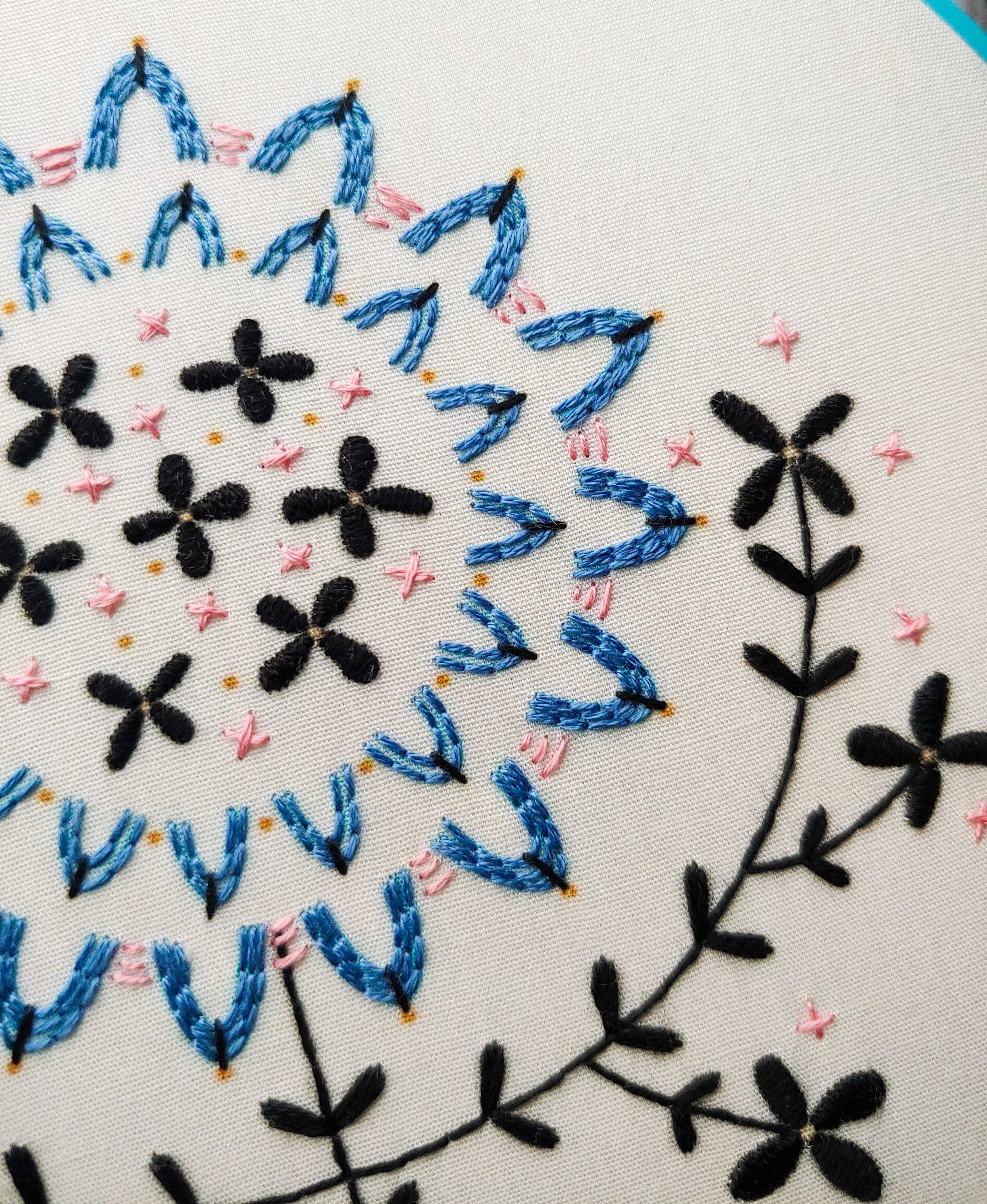 Cozy Blue Folk flower embroidery kit