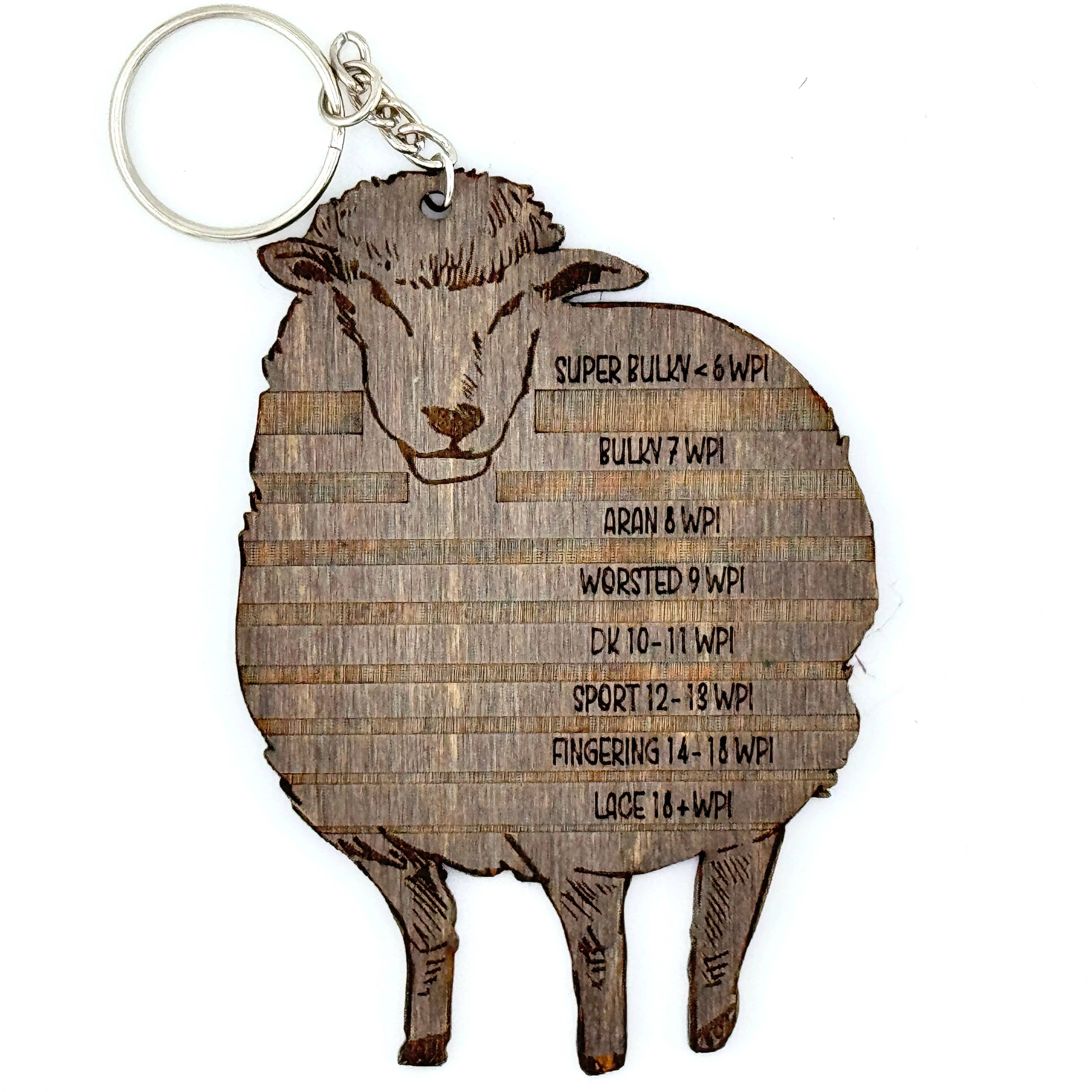 Sheep Sketch Yarn Weight Gauge Wooden Keychain 2.5 x 3.8"